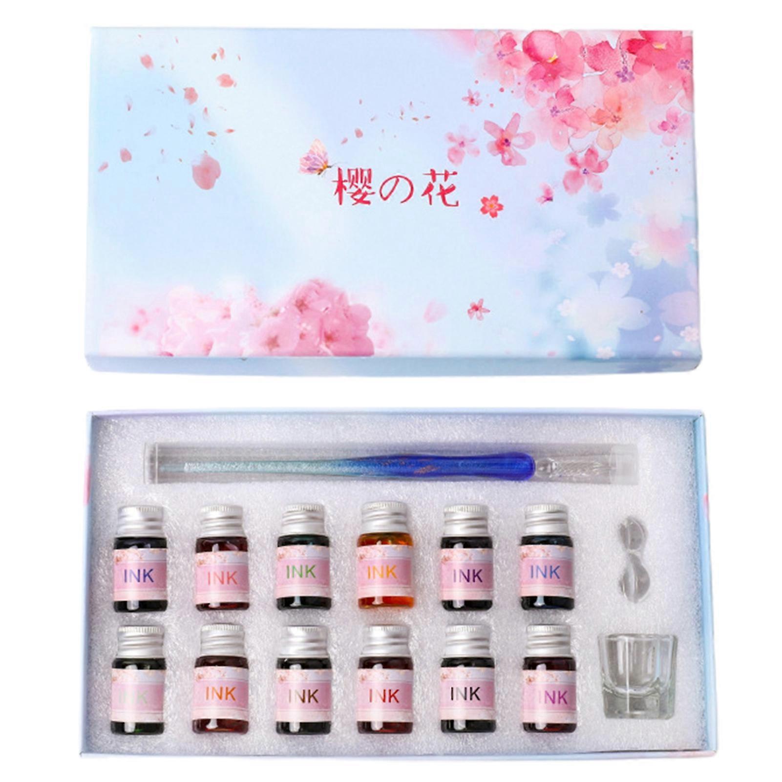 1 Set Dip Pen Translucent Cherry Blossom Decor Paillette Print Glass Ink Pen Set for Gift KAESI