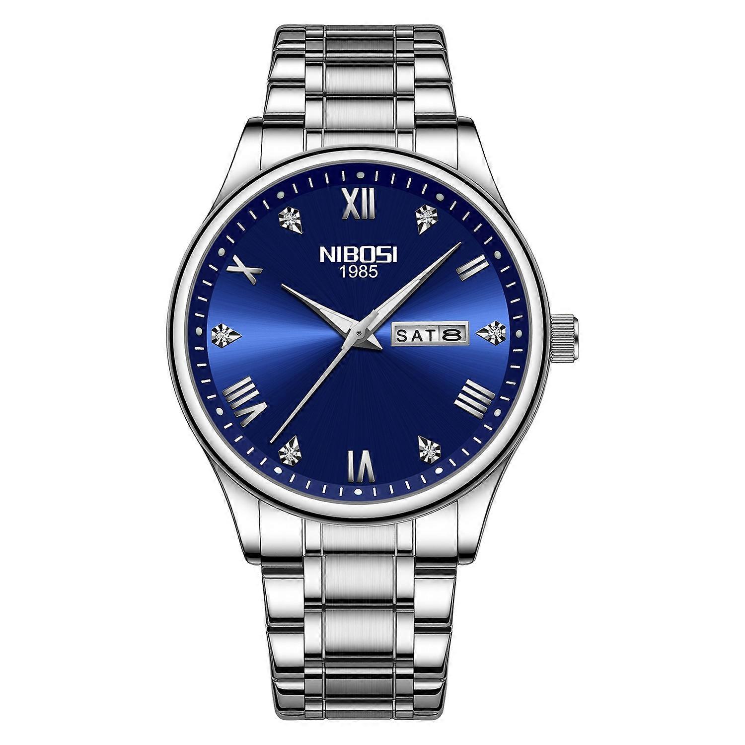 NIBOSI 2626 Rhinestone Decor Men Steel Strap Luminous Quartz Watch - Silver Strap Blue Dial