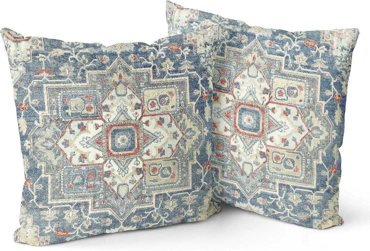 Conjunto de 2 Capas de Almofada Boho Azul Cinza 18"x18" Tapete de Mônaco Padrão Dupla Face Algodão Macio Capa de Almofada Fronha para Jardim