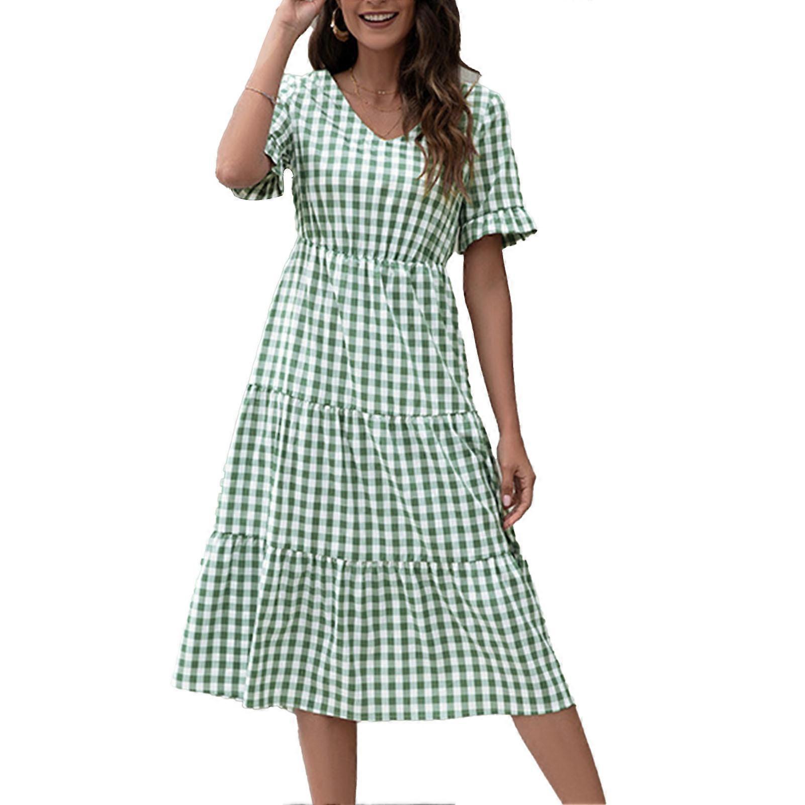 Lång klänning rutigt tryck klänning Lotus lövärm stor swing fritid ett stycke klänning för sommar grön XL