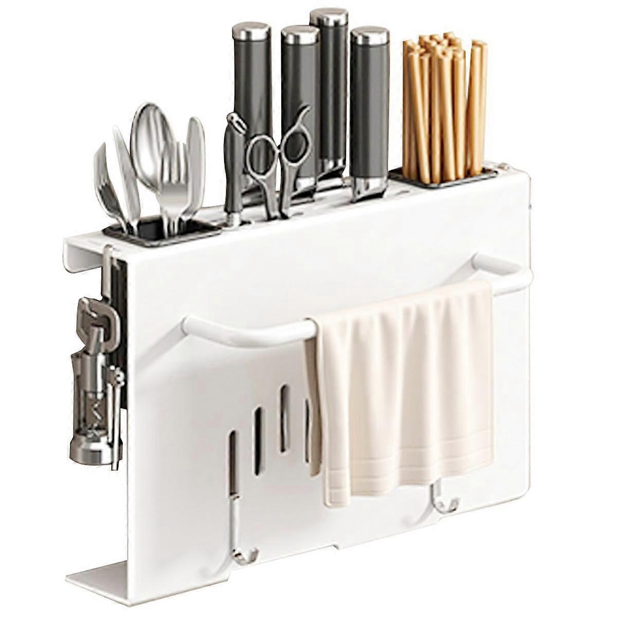 Wall Mount Utensil Holder,Kitchen Utensil Rack,Multi-Use Hanging Storage Organizer Rack with Chopping Board Holder White