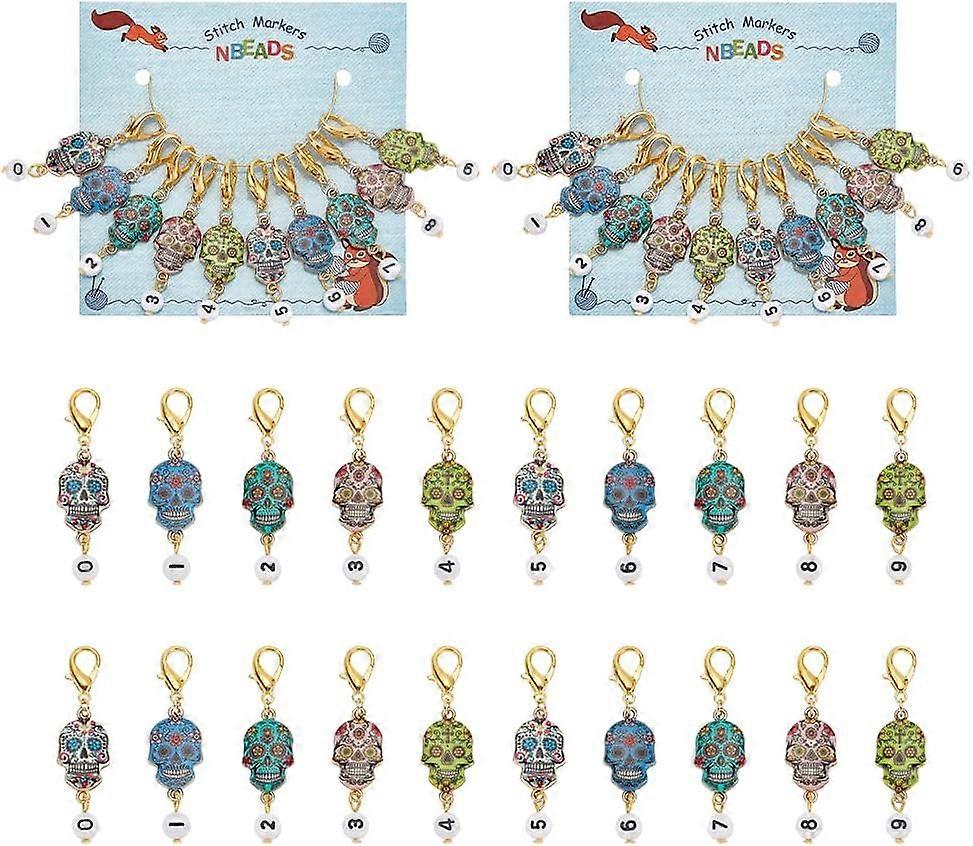 20 Pcs Sugar Skull with Number Stitch Markers Alloy Enamel Crochet Stitch Marker Charms Locking Stitch Marker with Zinc Alloy Lobster Clasps for Knitt