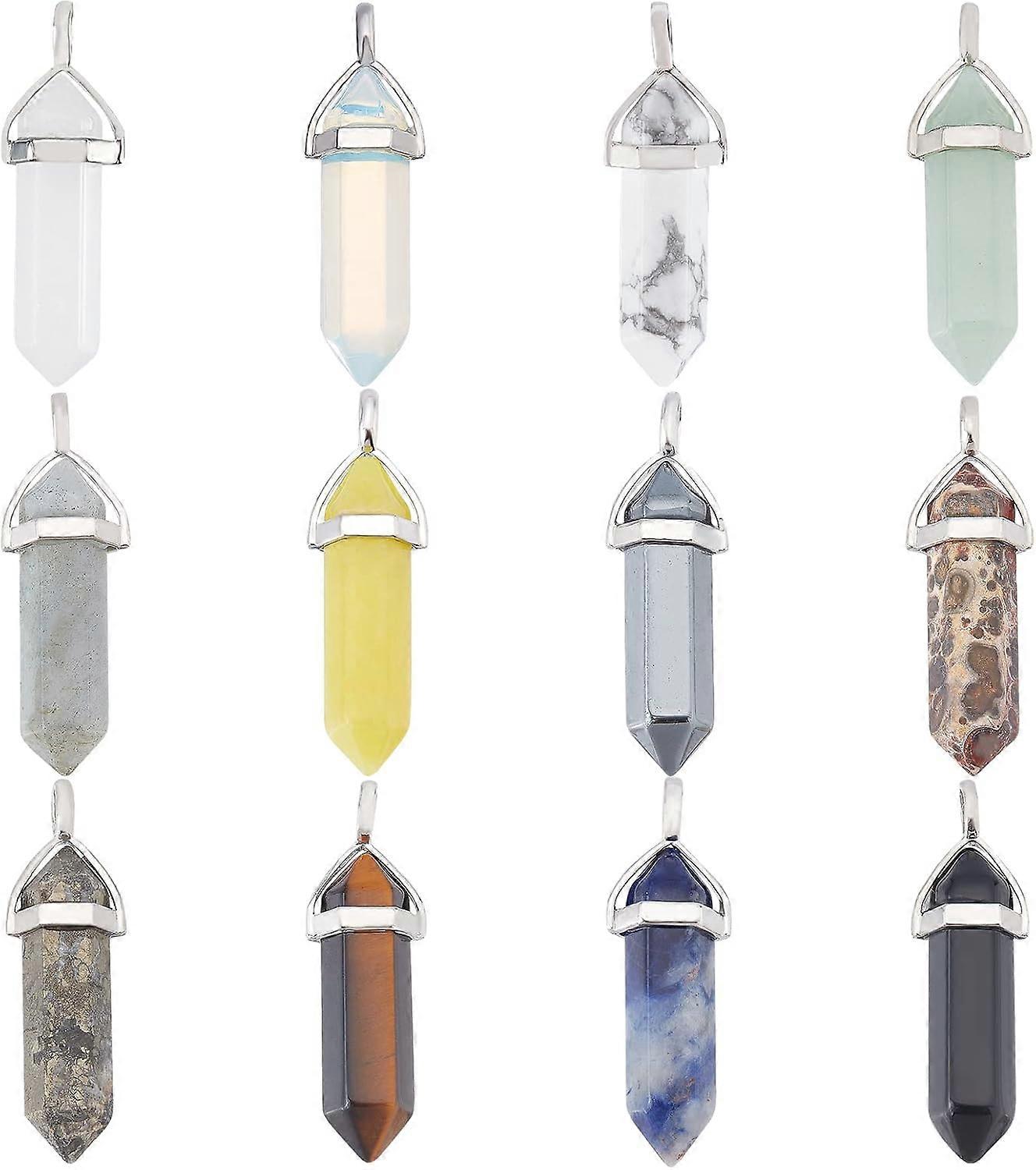 12Pcs 12 Styles Gemstone Bullet Shape Charms Healing Pointed Chakra Hexagonal Stone Pendants 12x39mm Arrow Gemstone Pendants with Platinum Tone Brass 