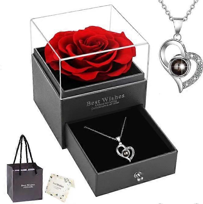 Preserved Red Real Rose with Necklace in 100 Languages