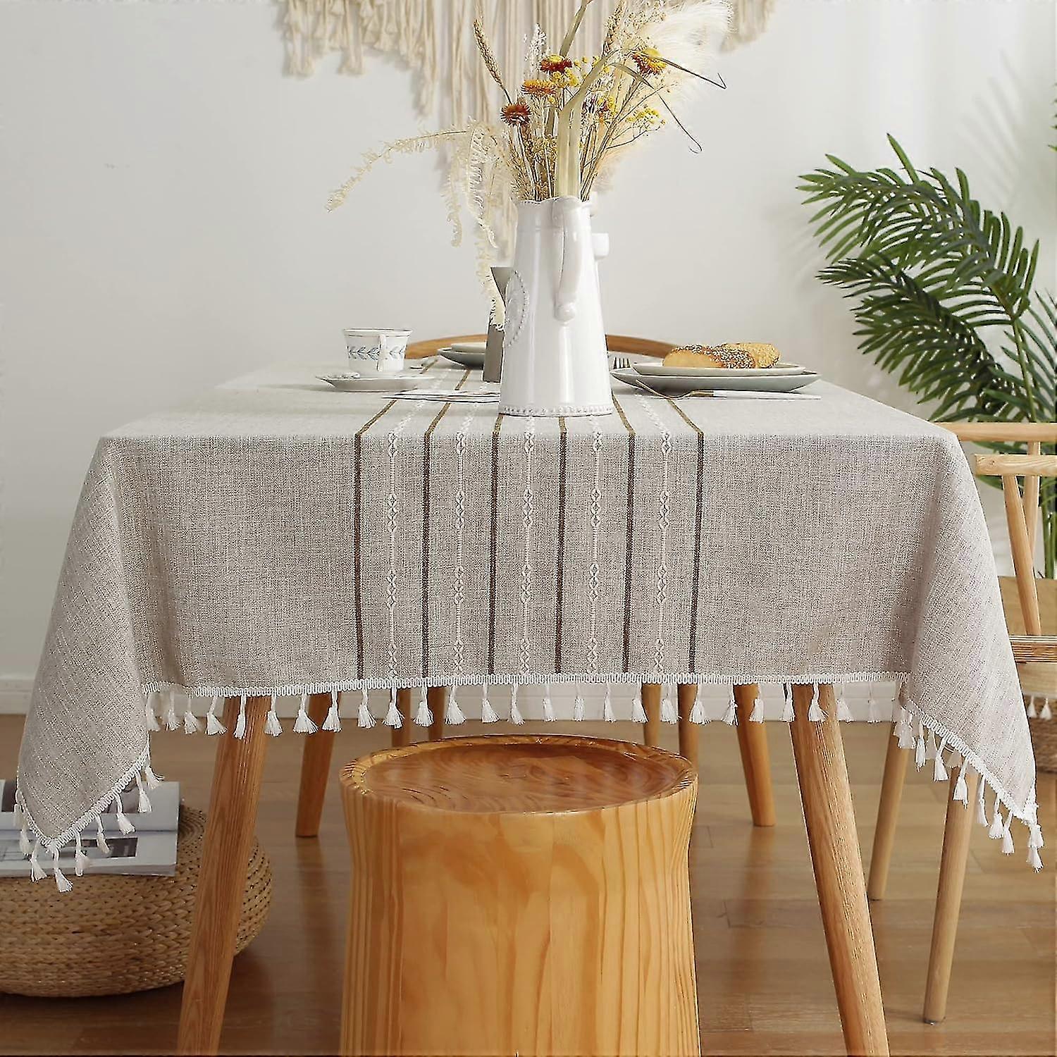 Tablecloths Rectangular Cotton Linen Wrinkle Free Checkered Tassel Tablecloth
