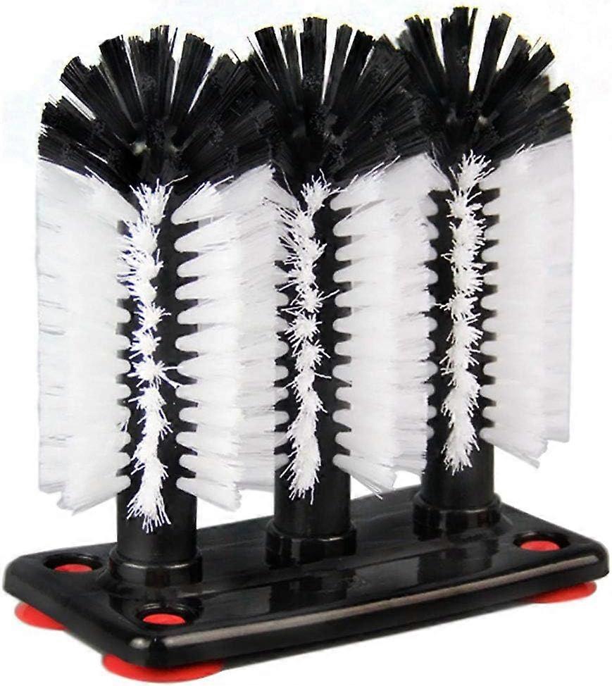 Water Bottle Cleaning Brush Glass Cup Washer with Suction Base 3 Head Bristle Brush for Beer Cup, Long Leg Cup, Red Wine Glass & More Bar Kitchen Sink