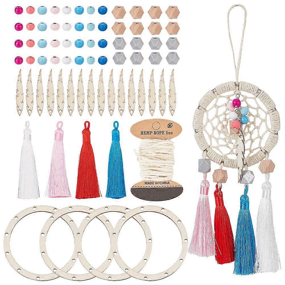 DIY Wood Beaded Woven Web/Net with Feather Pendant Decorations Making Kit Mixed Color 12~92x2~12x2~12mm Hole: 1.5~3mm