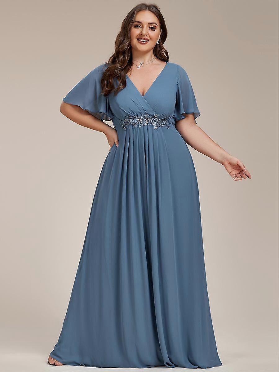 Ever-Pretty Pentru femei Plus Size Floral Applique Manșon scurt A-Line Șifon Plisat Rochie de seară