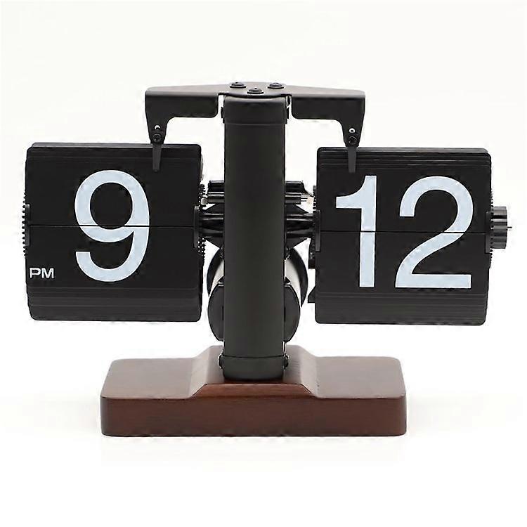 Flip Clock automatico Orologio da tavolo domestico semplice retrò Piede singolo Movimento al quarzo in acciaio inossidabile Flip Clock Base quadrata in noce