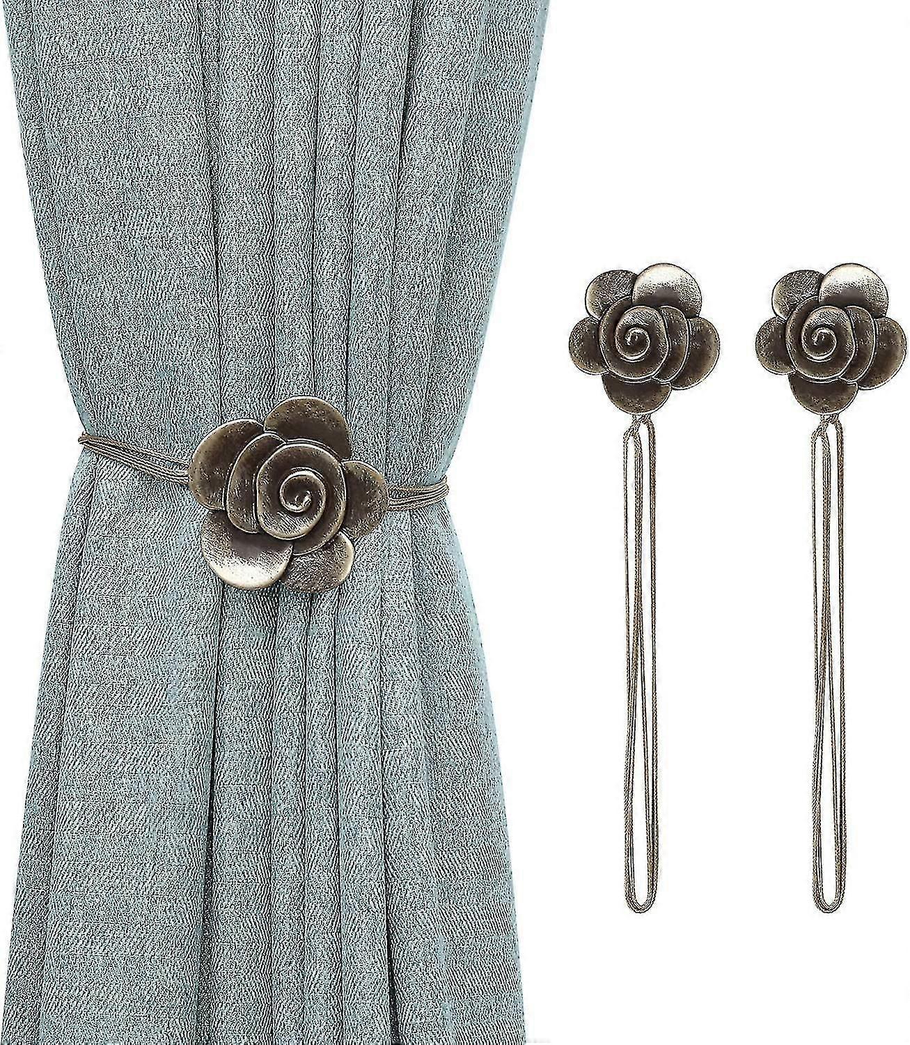 Camellia Magnetic Curtain Tiebacks, 2-pack Resin Window Curtain Decorative Clip, Vintage Drapery Holdbacks Flower Curtain Buckle With Flexible Rope Fo