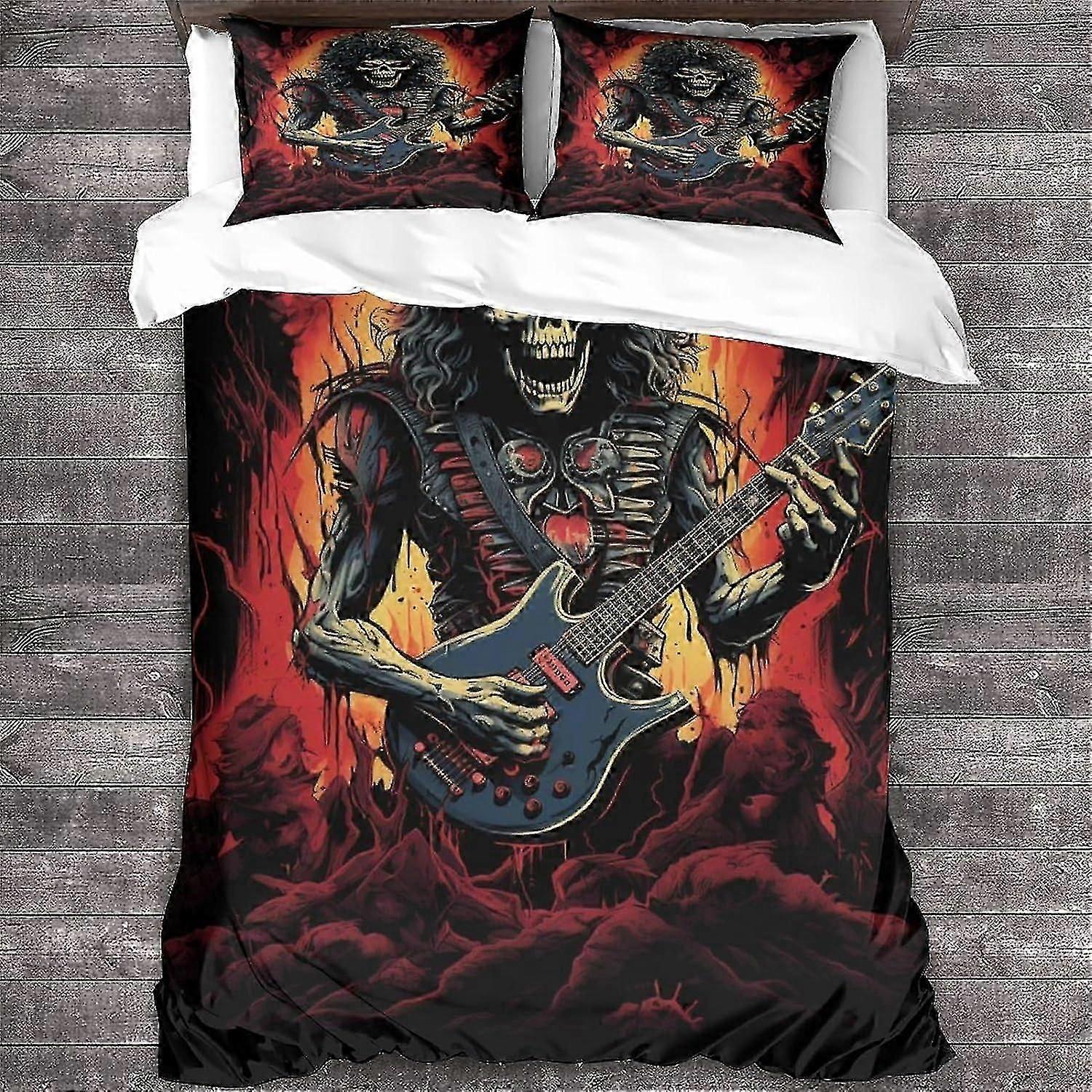 o3929 Lençóis Rock 'n' Roll Conjunto de Capa de Edredão 3D Caveira Padrão Printe Roupa de Cama Heavy Metal Guitarra Colcha Conjunto de Capa de Edredom, Microfibra Macia King Cama Shee