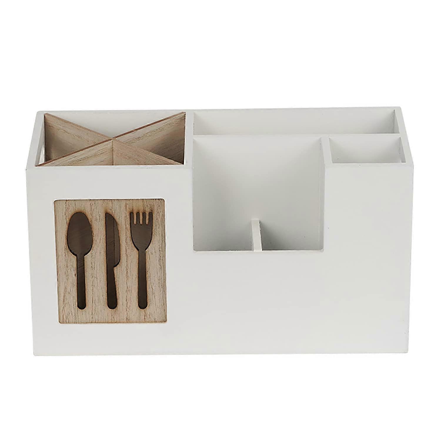Wooden Utensil Holder Flatware Organizer For Forks Spoons Knives, Large Capacity Caddy, Table Decor, Simple White A