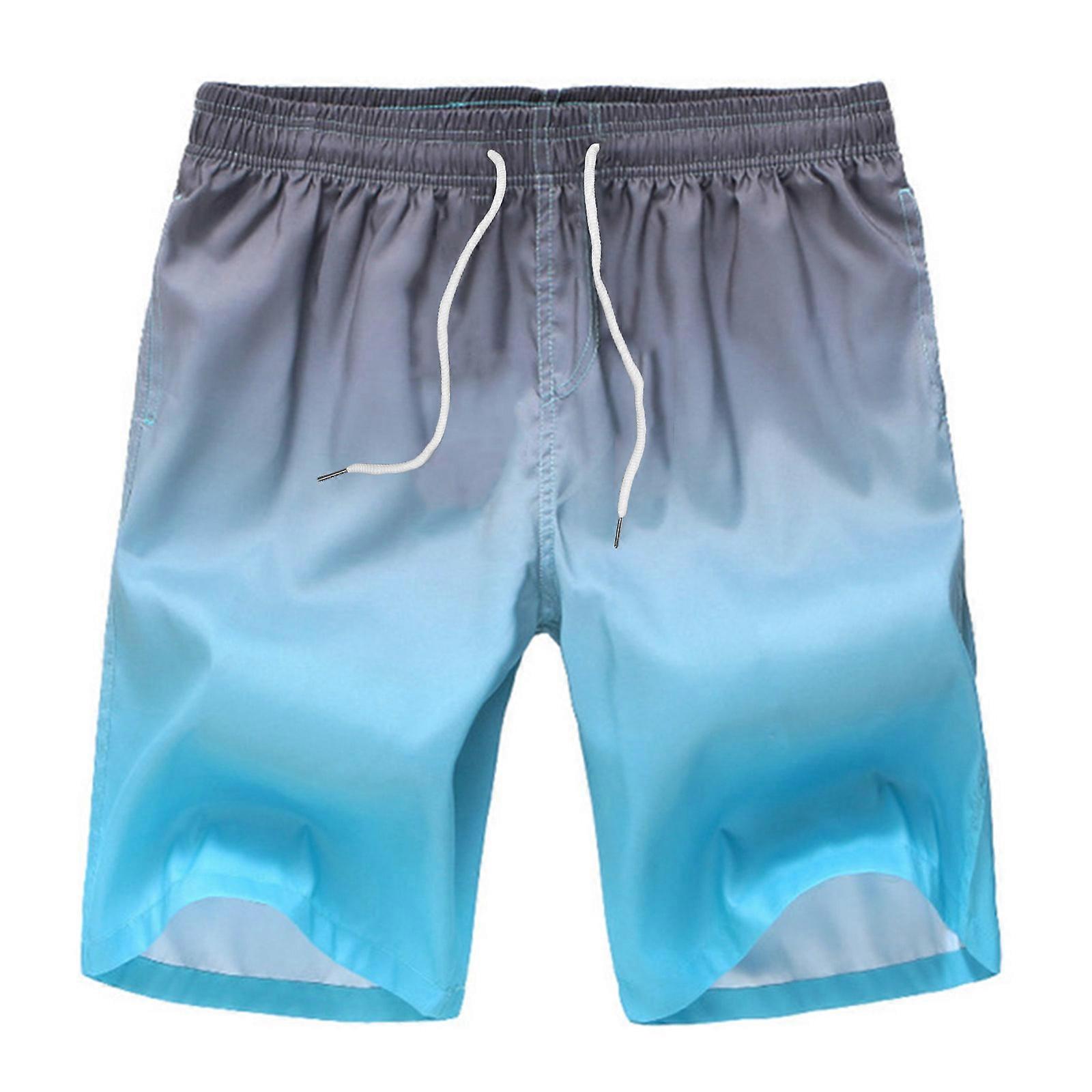 Men Summer Swim Trunks Quick Dry Gradient Contrast Color Drawstring Beach Shorts Blue L