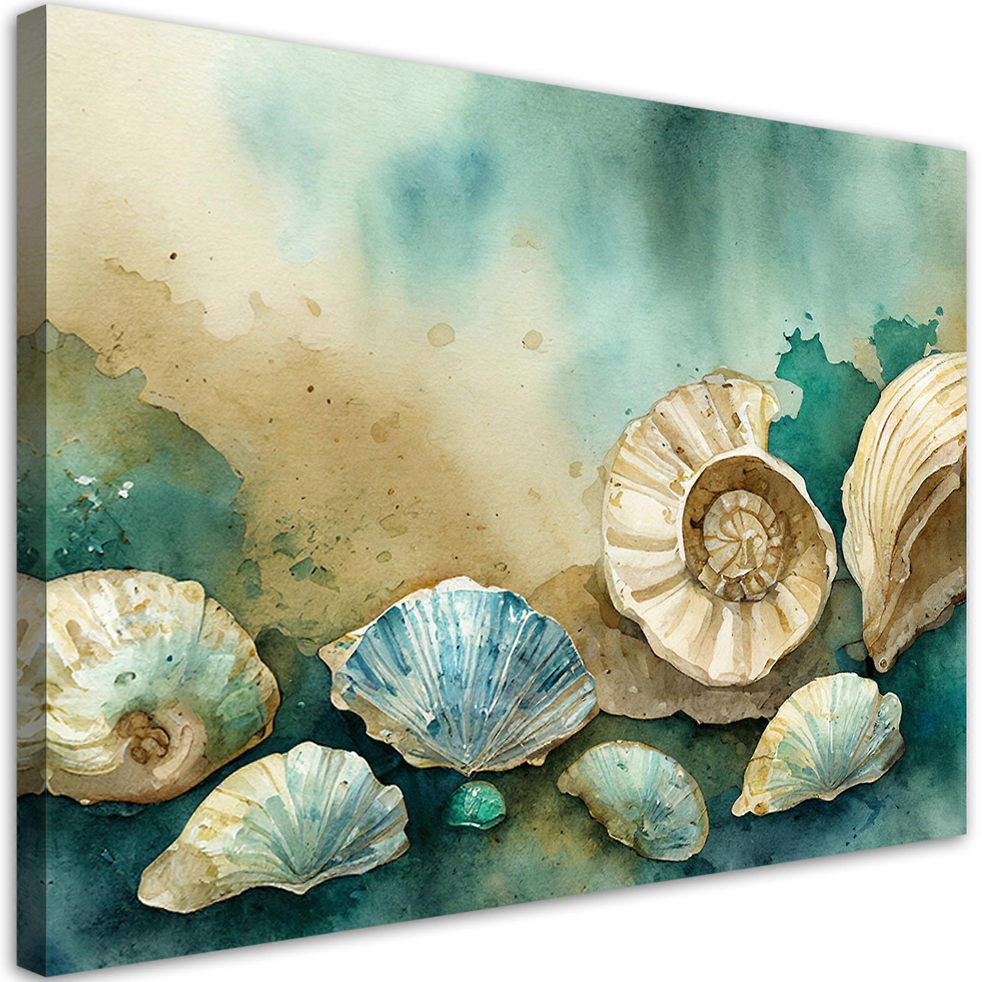 Quadro su tela, conchiglie acriliche, turchese - 120x80