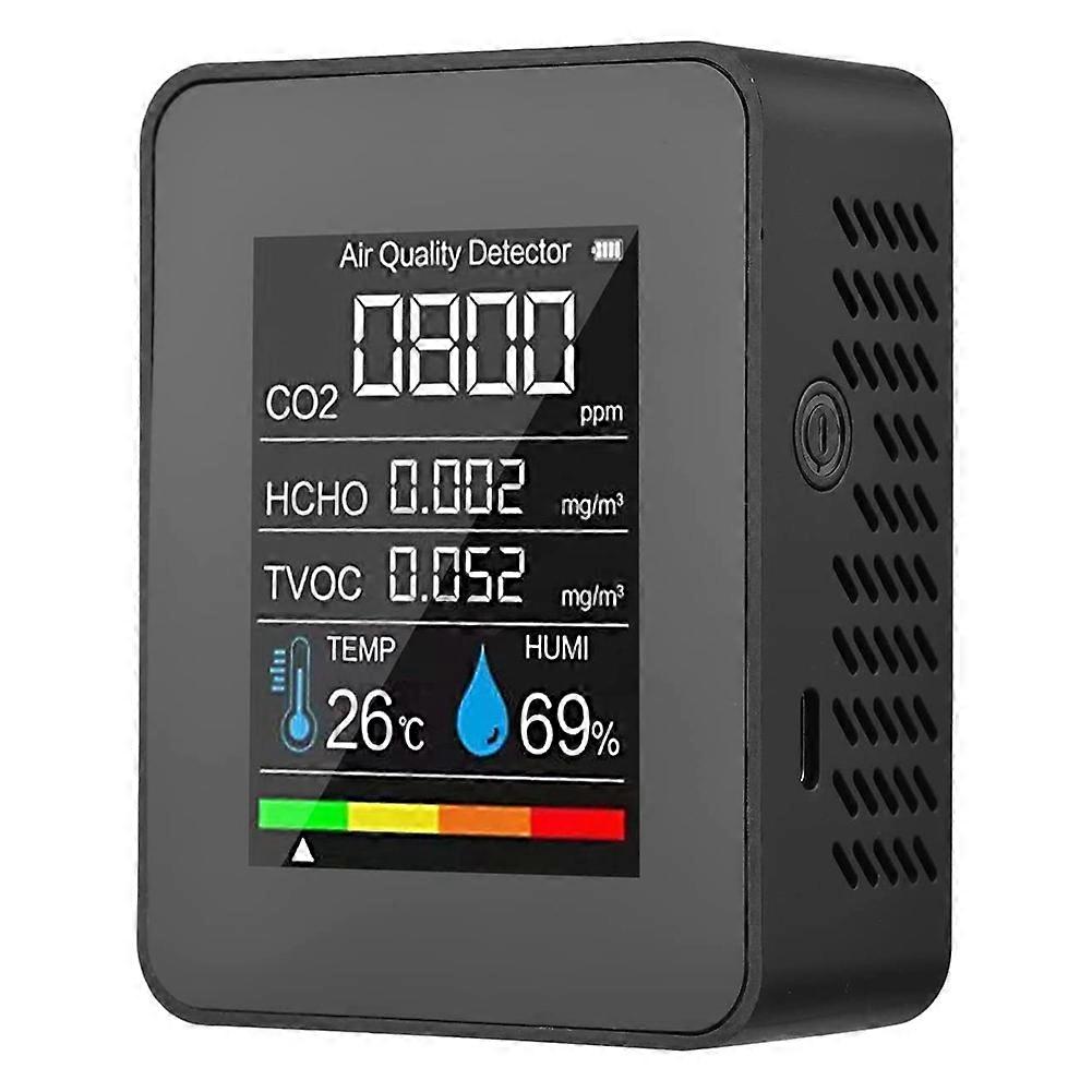 5 in 1 Air Quality Monitor, USB Rechargeable CO2 Detector Black