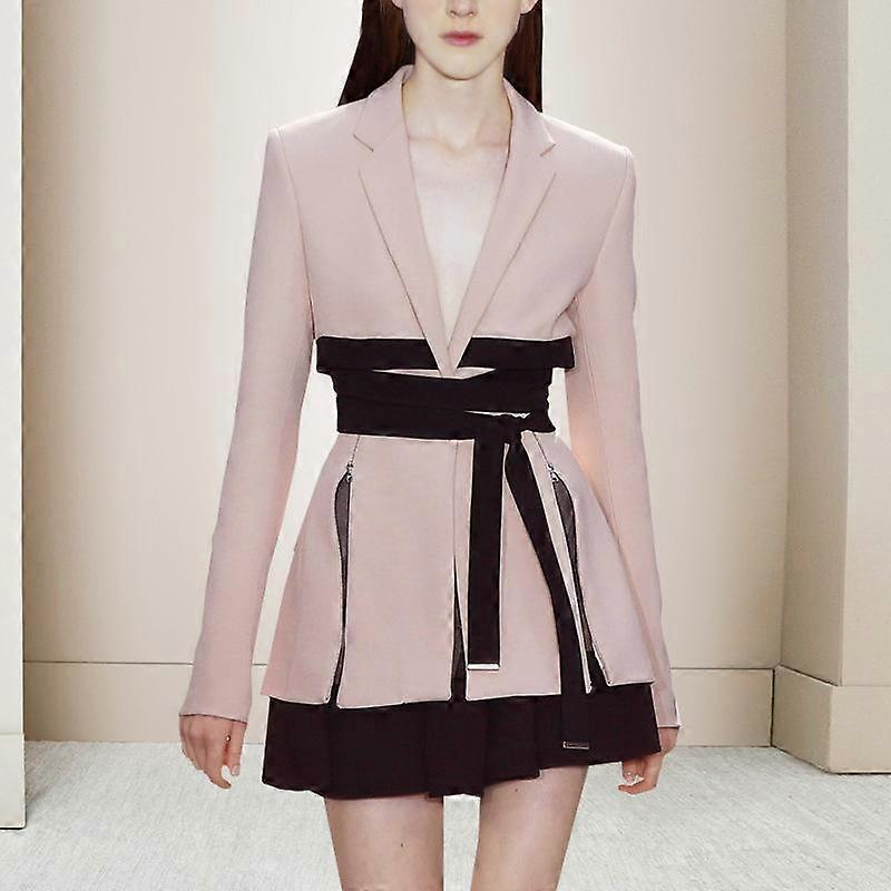 Suit Woman Notched Full Sleeve Pink Solid Blazer + Drawstring Mini Length Skirt Office Lady Style Autumn