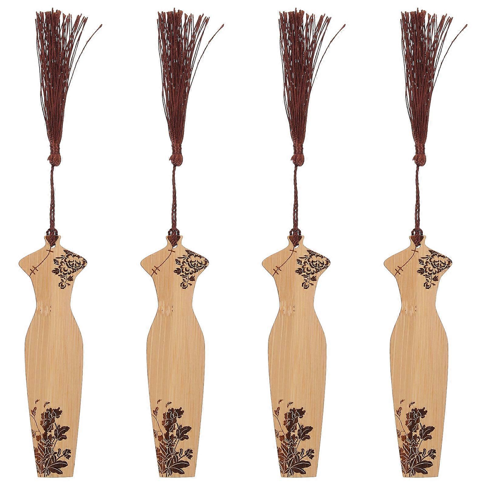 Label Tags Classic Labels Bookmarks Chinese Style Wooden Carved Design Light Brown 12x3.5x0.5cm 4Pcs