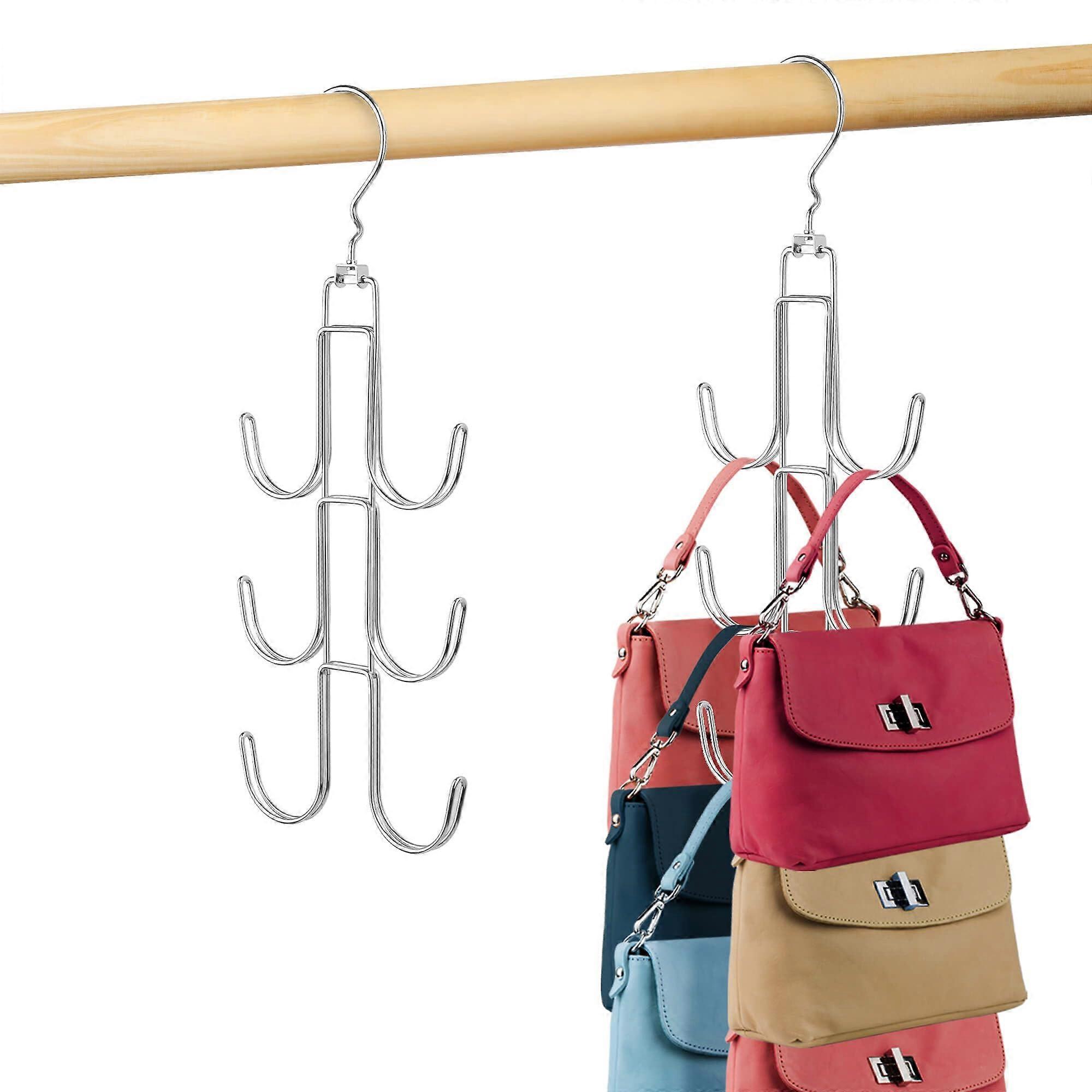 عبوة من 2 شماعات لحقائب اليد، حامل معدني، منظمات خزانة ملابس موفرة للمساحة، فضي