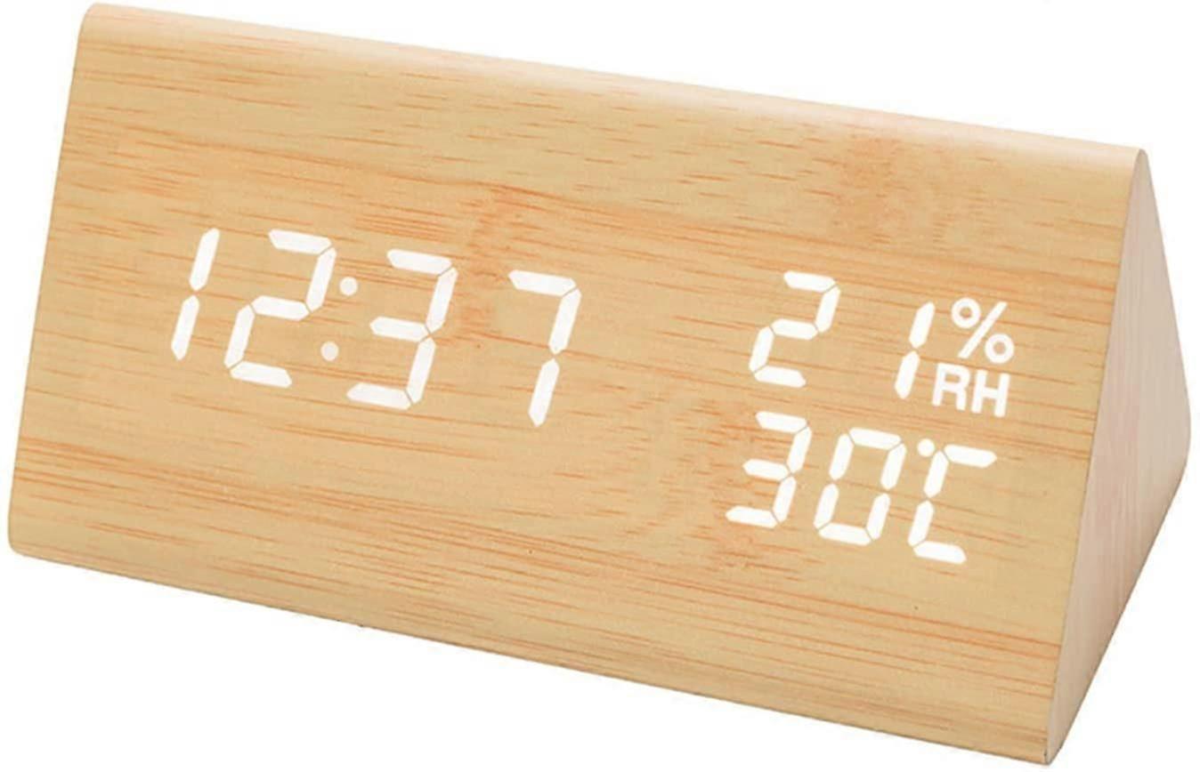 Wooden Digital Alarm Clocks,LED Wood Digital Alarm Table Clock, 12 / 24Hours, Date, Temperature,Voice & Touch Activated Multi-Function LED Clock Bedsi