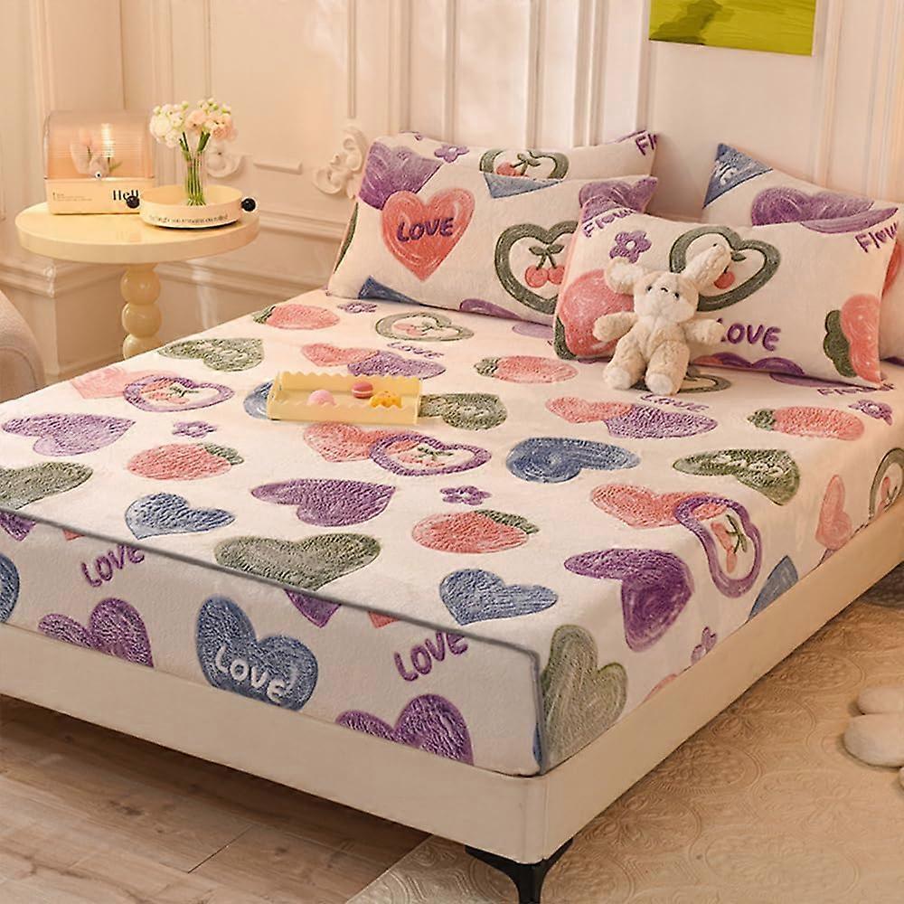 Flannel Fitted Sheet, Jacquard Soft Plain, up to 28 cm Mattress Height (90x200cm Colourful Hearts)