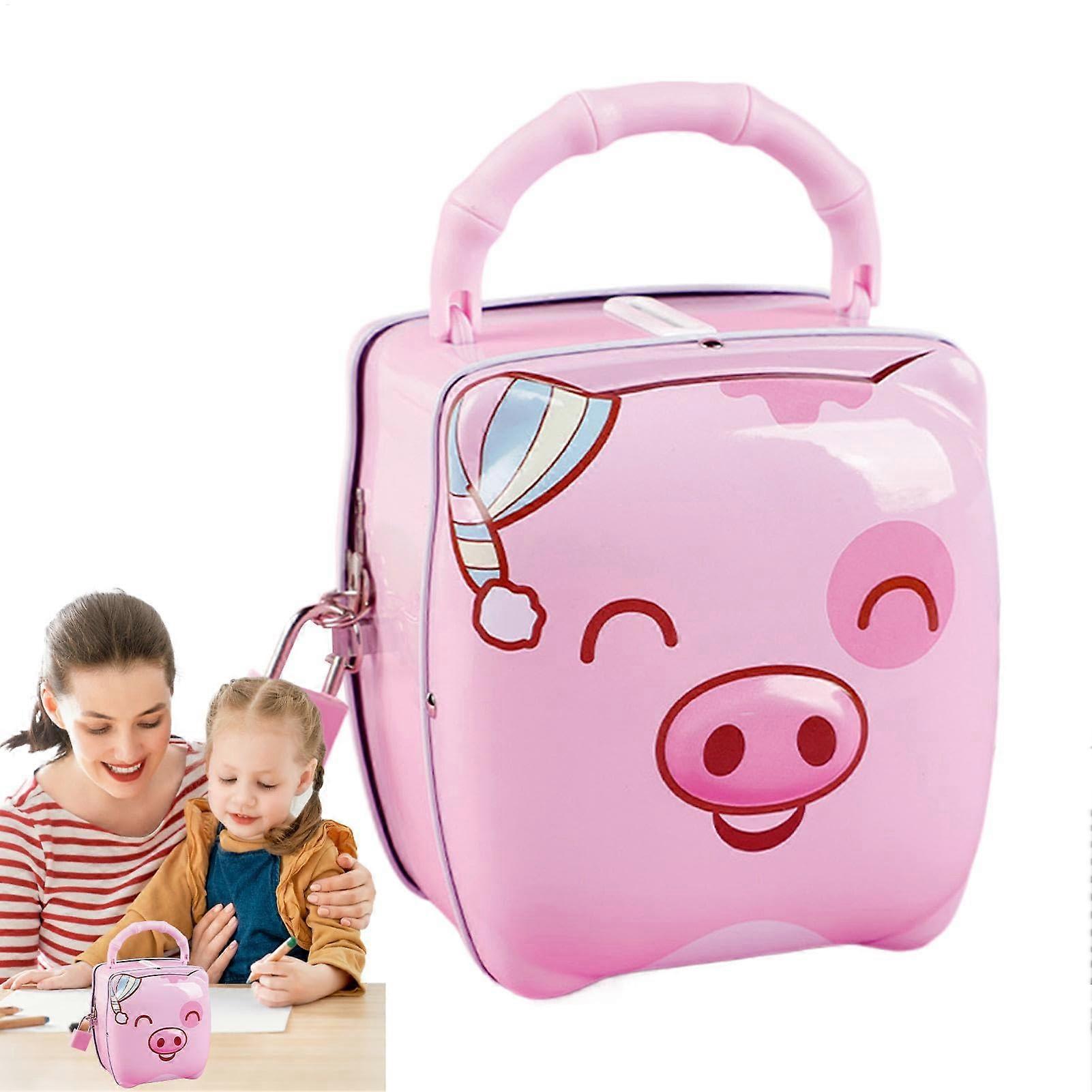 Cartoon Coin Bank with Key Lock for Kids Portable Metal Money Box, Pink