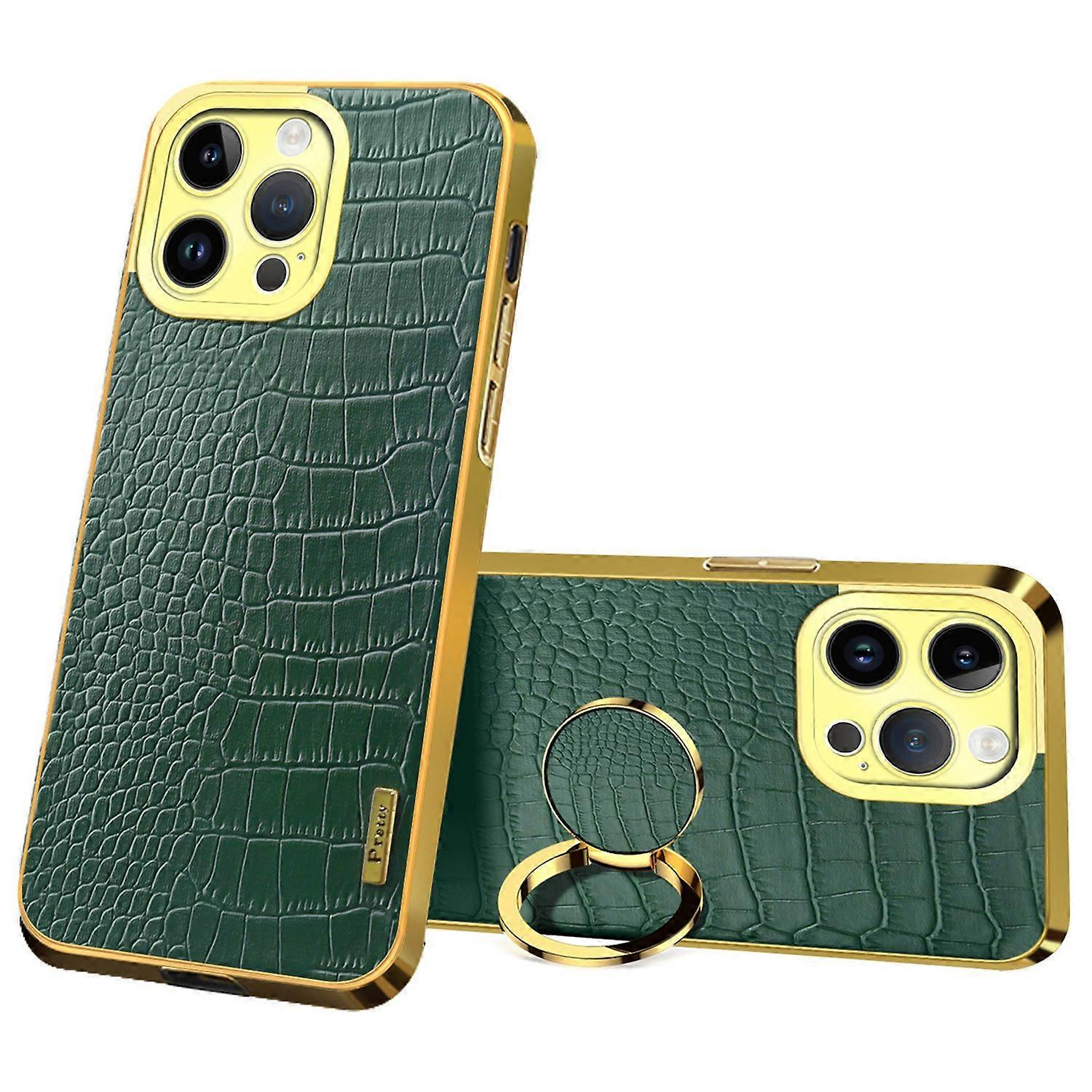 For iPhone 16 Pro Case Crocodile Texture Ring Kickstand TPU+Leather Electroplating Phone Cover