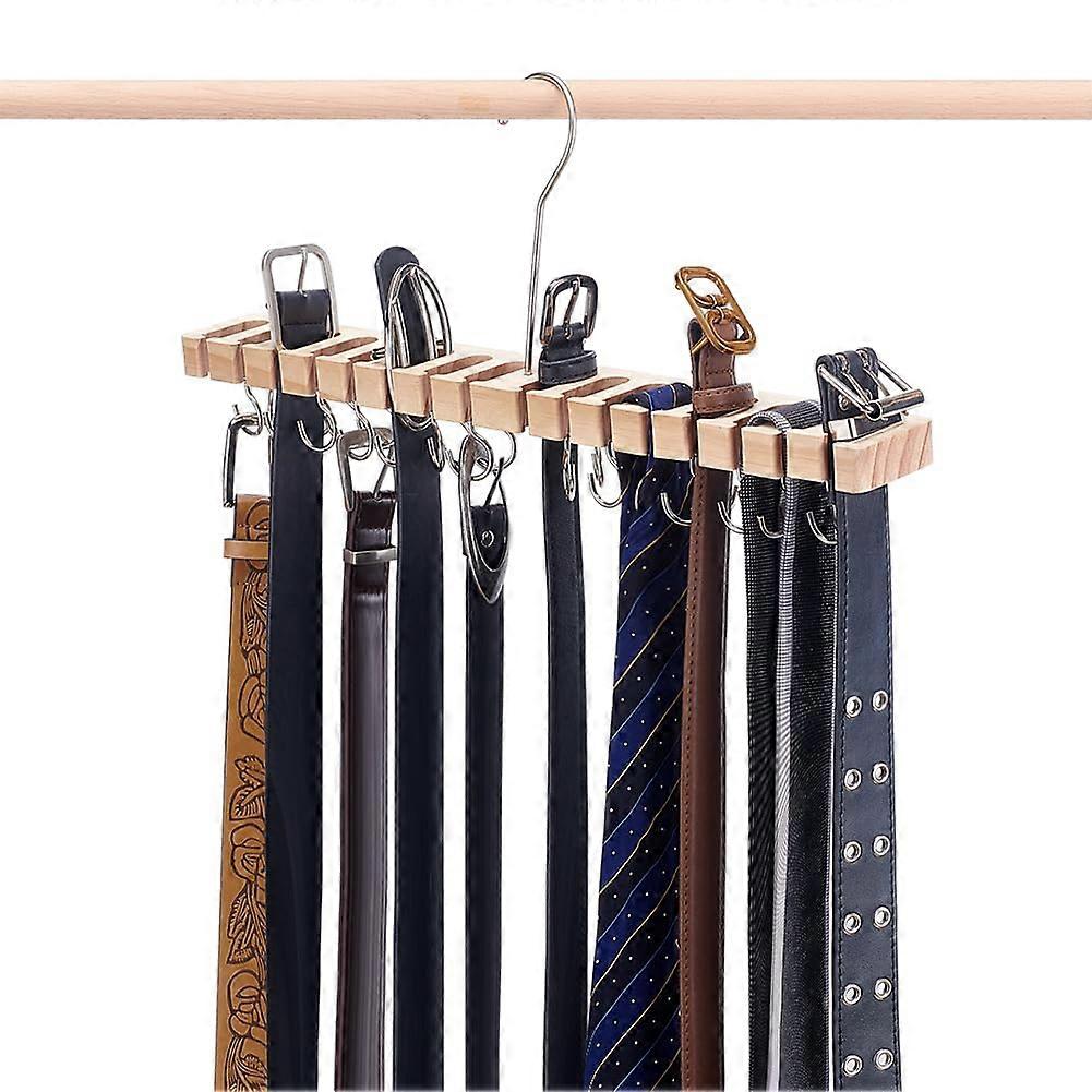 Wooden Belt Storage Rack with 16 Slots and 14 Hooks, Versatile Closet Organizer for Belts, Ties, and Socks, 42x55x2 cm