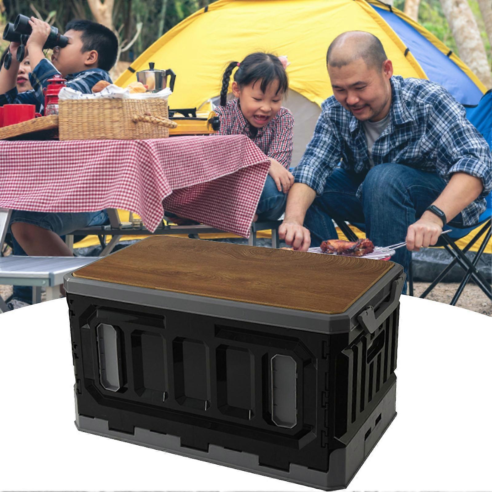 露营箱可折叠可堆叠大容量 3 层木盖塑料储物箱 95L 黑灰色