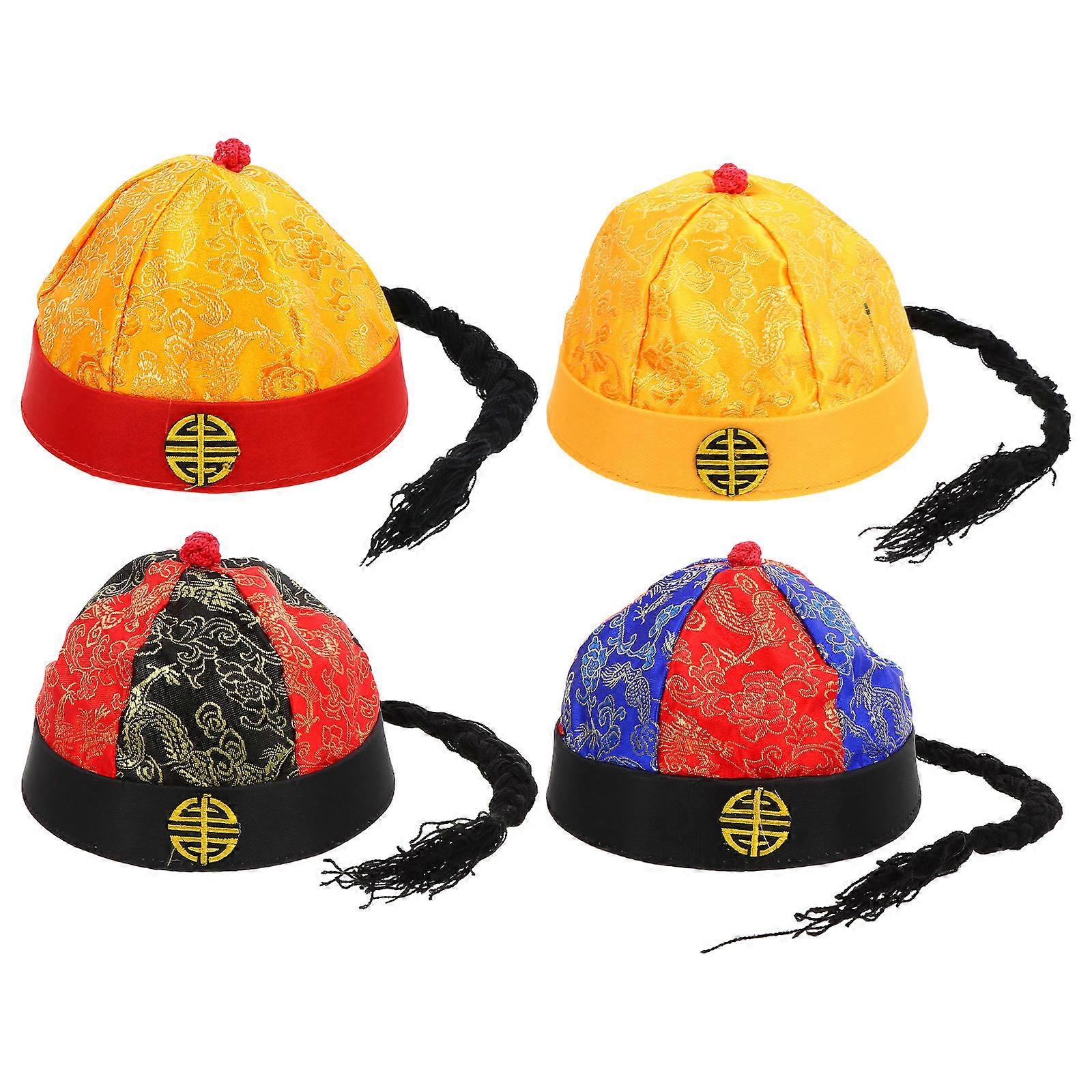 The **"4 Pack Qing Hat Ancient Chinese Emperor Hats Braids For Cosplay Performance Masquerade"** appears to be a costume accessory set designed for