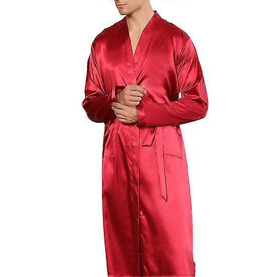 Men Fall Spring Bathrobe Smooth Satin V Neck Lace Up Waist Belted Long Sleeve Solid Color Pockets Soft Breathable Mid Length Homewear Nightgown