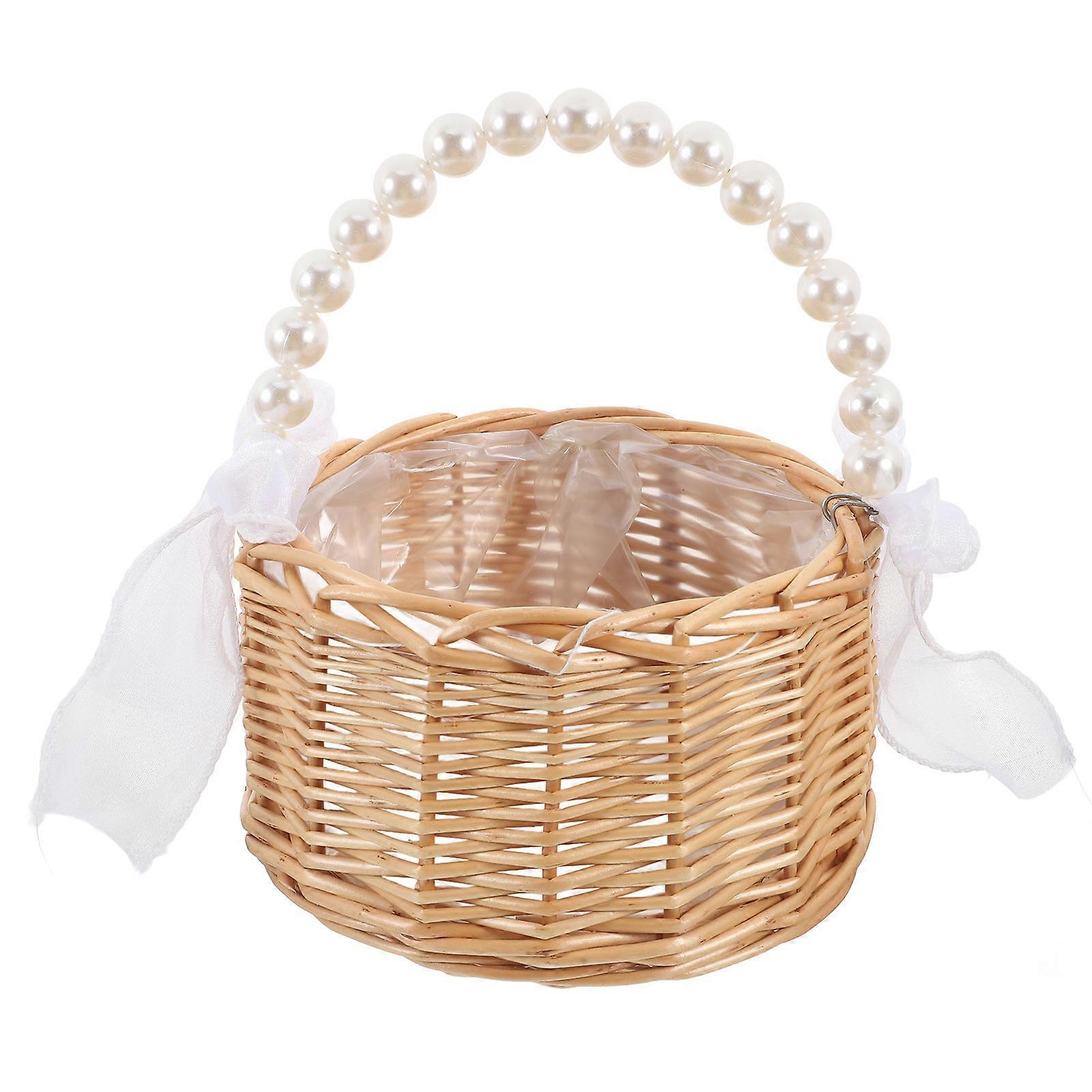 Woven Flower Basket with Beaded Handle 1 Set Small Wicker Basket for Flower Girls Weddings and Home Decor Rustic Elegant Basket