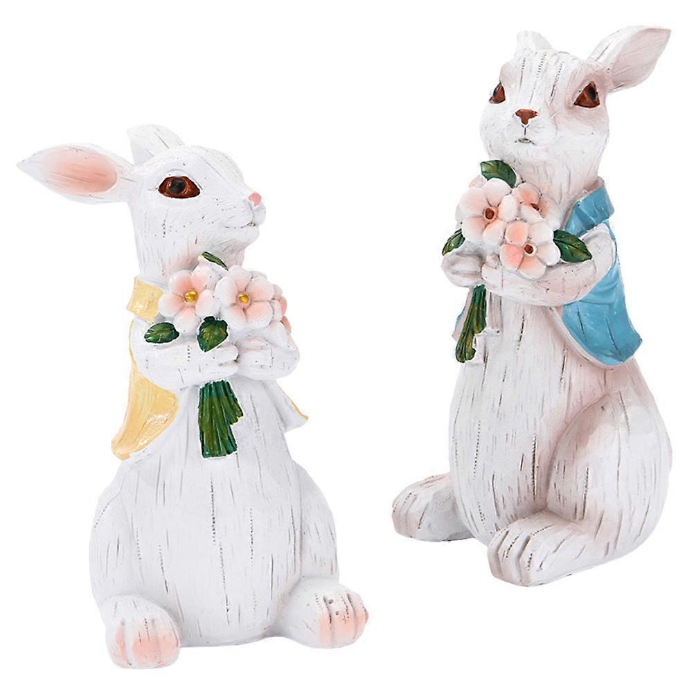 Rabbit Figurine Decor 2Pcs Resin Bunny Statues For Living Room Home Office Multi Color 14X10Cm