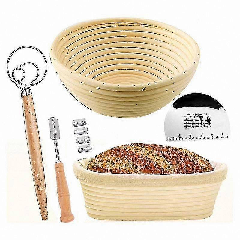 Artisan Bread Proofing Basket Set with Tools - Round and Oval Banneton Bowl, Dough Scraper Included