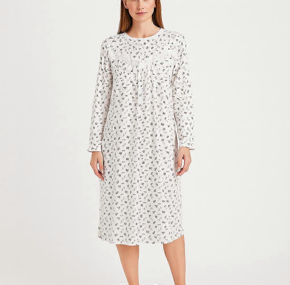 Womens Cotton Long Sleeve Nightie Gown Pyjamas Sleepwear PJ in White/Purple