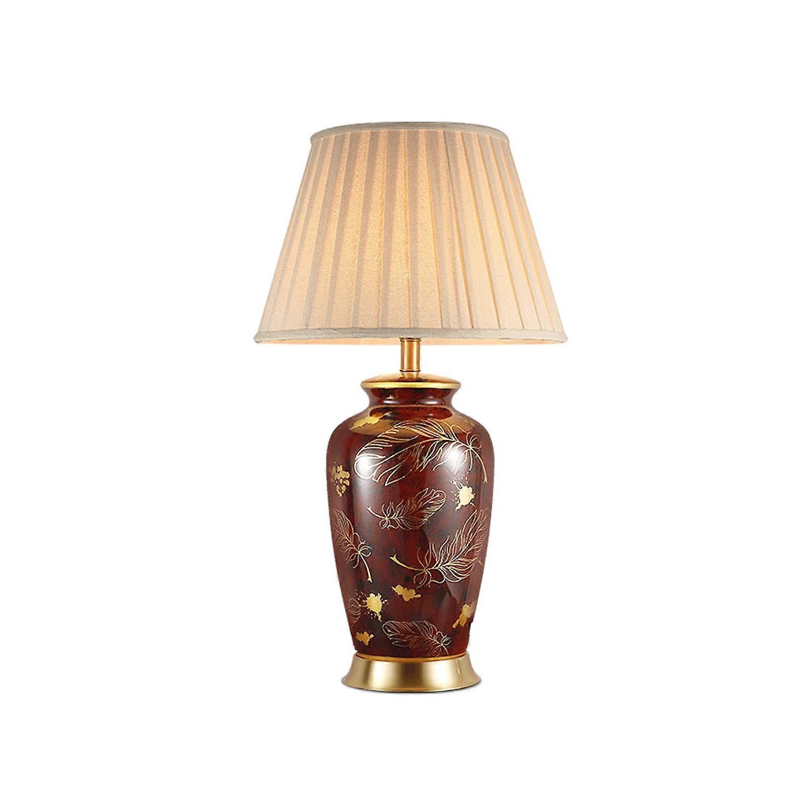 Red American Ceramic Table Lamp Ginger Jar Style, Fabric Shade, Gold Feather Accent, Vintage Nightstand Lamp