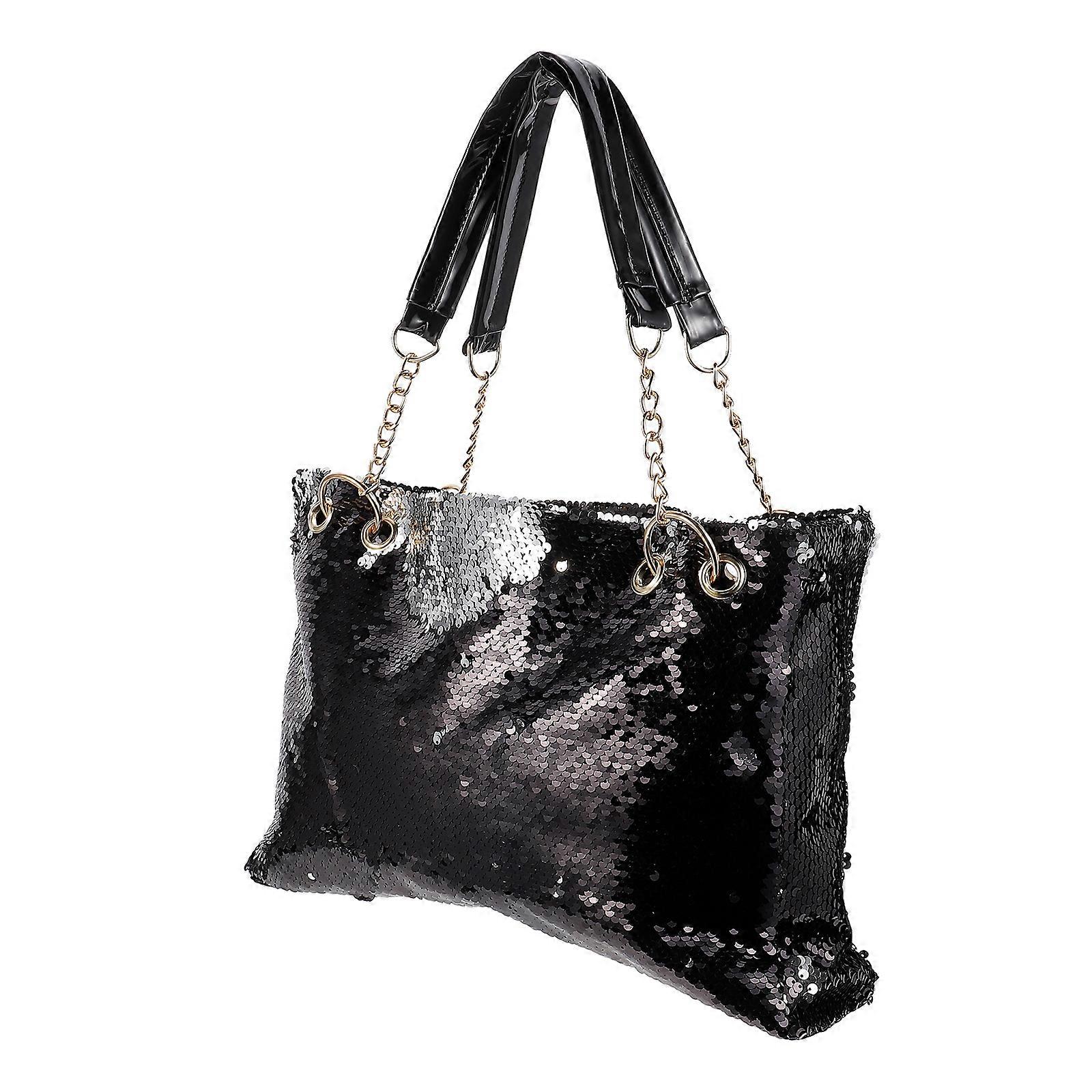 Trendy Shoulder Bag In Black With Reversible Sequins Suitable For Traveling And Beach Use 1Pcs