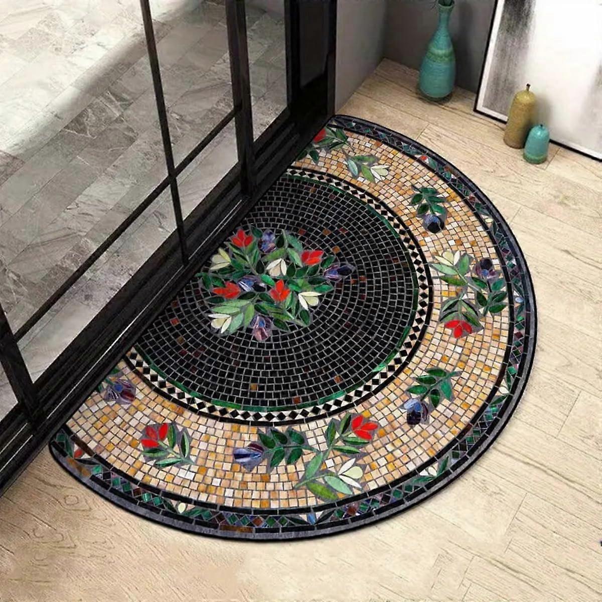Boho Style Semicircular Door Mat Vintage Stone Pattern Half Round Rug Non Slip Absorbent Floor Carpet 40x60 Cm