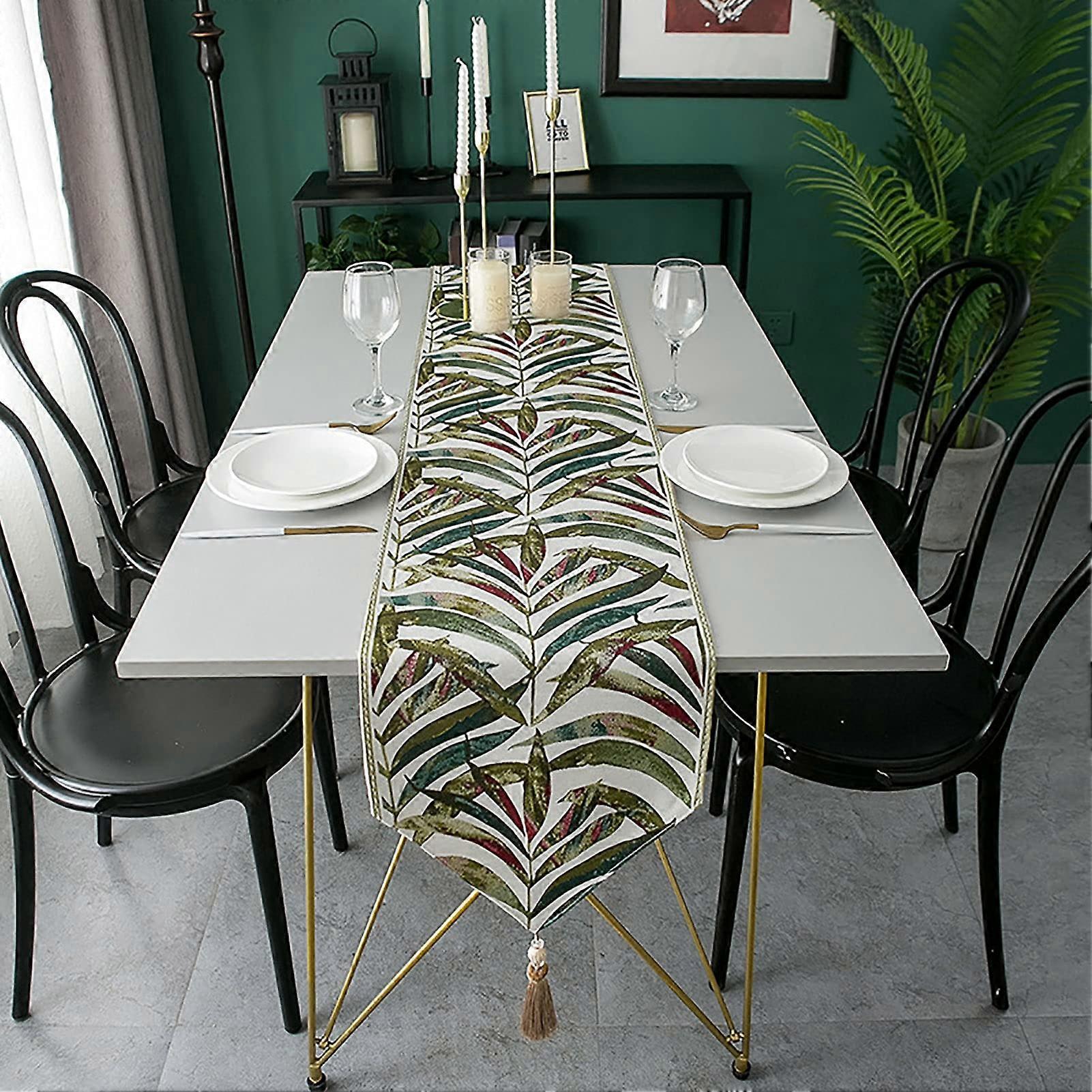 Table Runner Silky Embroidered Geometric Pattern Rectangular For Dining Table Contemporary Decor 5 Color Options