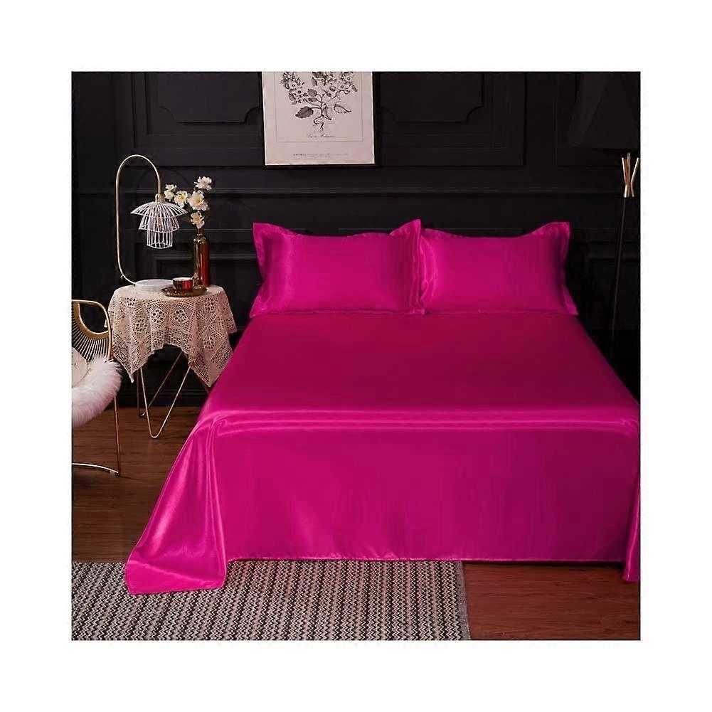 Double Fitted Ultra Soft Satin  Microfiber Bed Sheet Rose Red 230x250 cm Flat Sheet