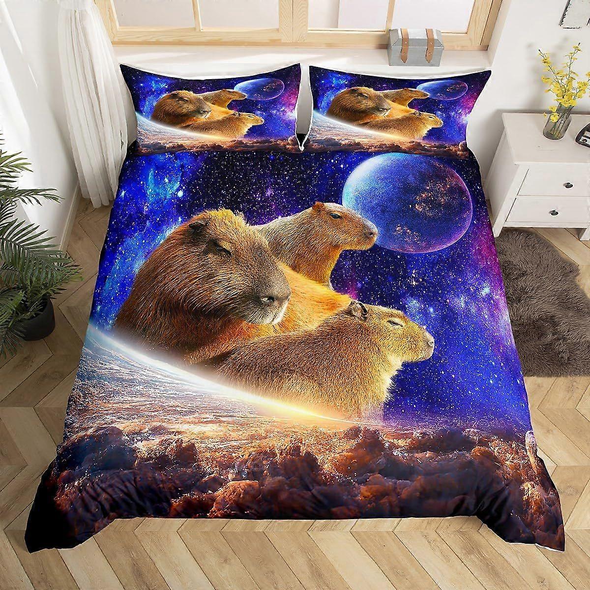 (f370) Kapybaras täckeöverdrag 3 delar för barn tonåringar, roliga gnagare djur sängkläder set söta husdjur kapybaras påslakan för pojkar flickor galax stjärnklara