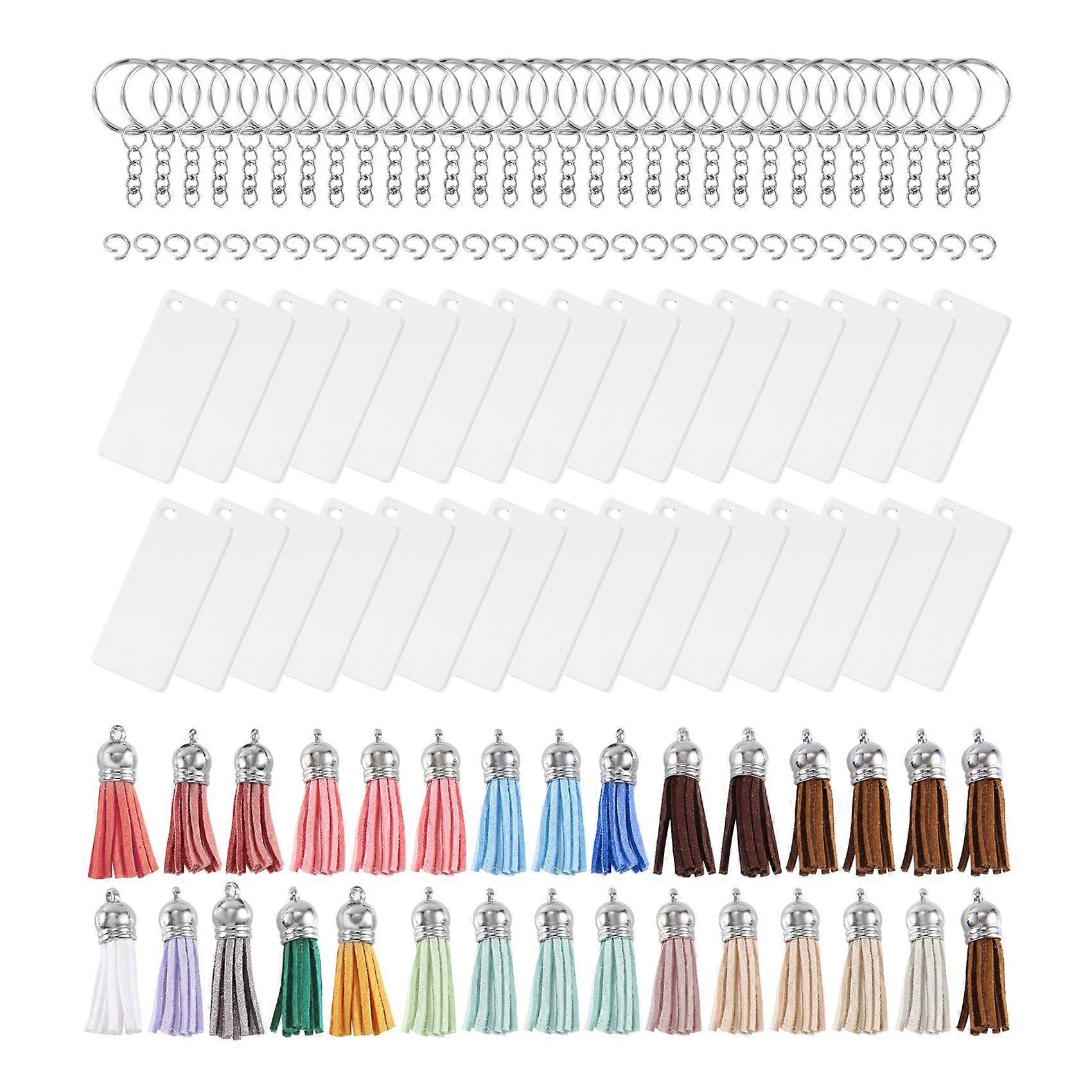 120 PCs Acrylic Keychain Blank Tassel Pendant Set Includes Rectangular Transparent Acrylic Keychain