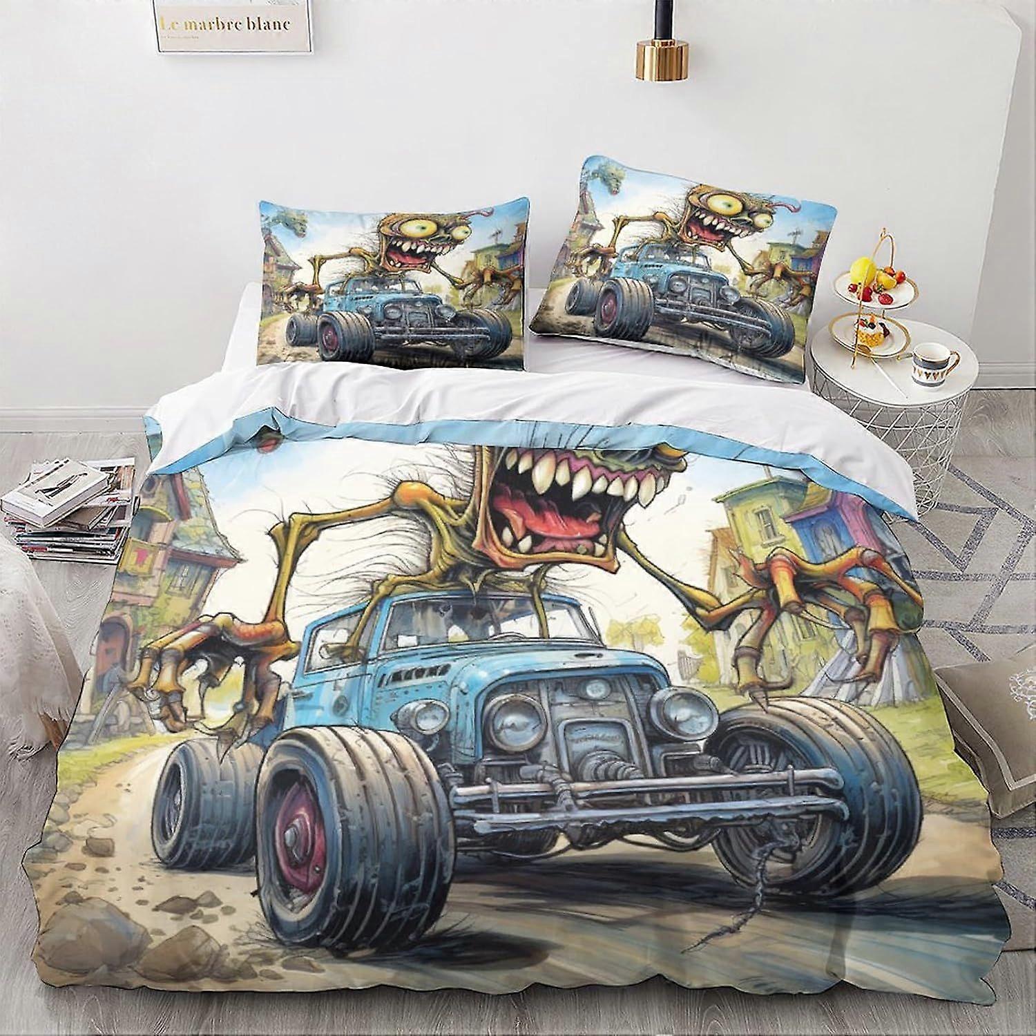 LikeEj الوحش الفراش مجموعة الفراش 3D الكرتون المطبوعة مريحة خمر سيارة لحاف غطاء مجموعة مع أكياس السرير مجموعة الوسائد ، أغطية السرير أغطية السرير المنسوجات المنزلية