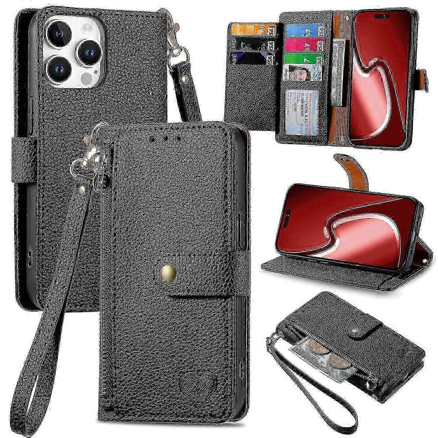 iPhone 16 Pro Protective Cover - Leather Wallet with RFID Shielding & Zipper