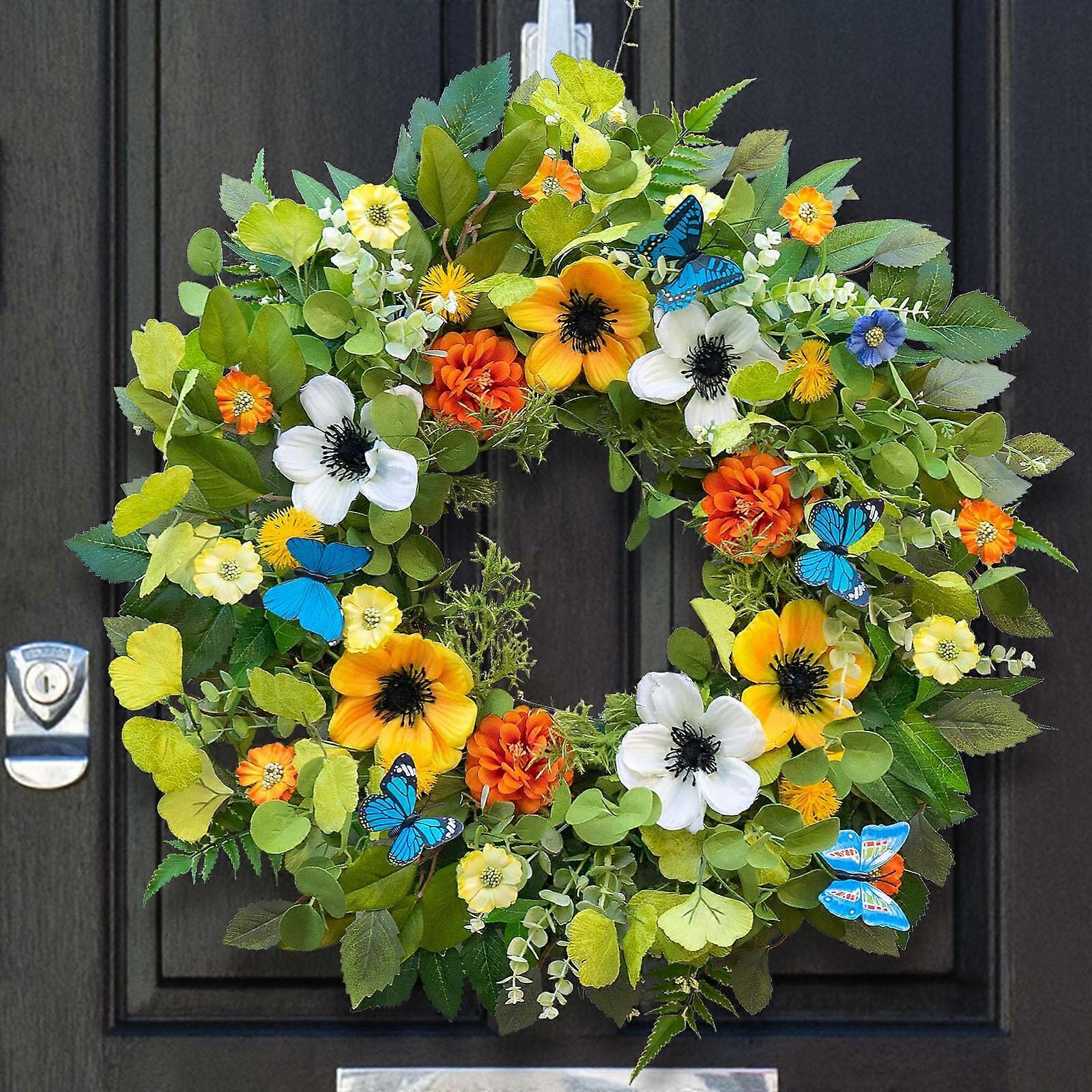 Spring Wreath for Front Door 24 Inch Artificial Hydrangea Pansy Greenery with Butterfly for Outdoor Summer Decor