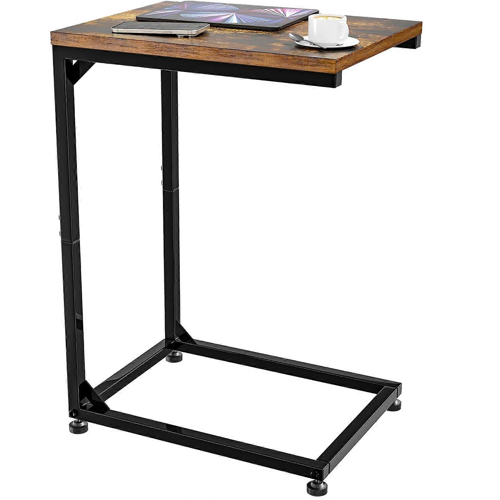 Rustic Brown C Shaped Side Table for Couch, SpaceSaving Sofa Table with Metal Frame for Living Room