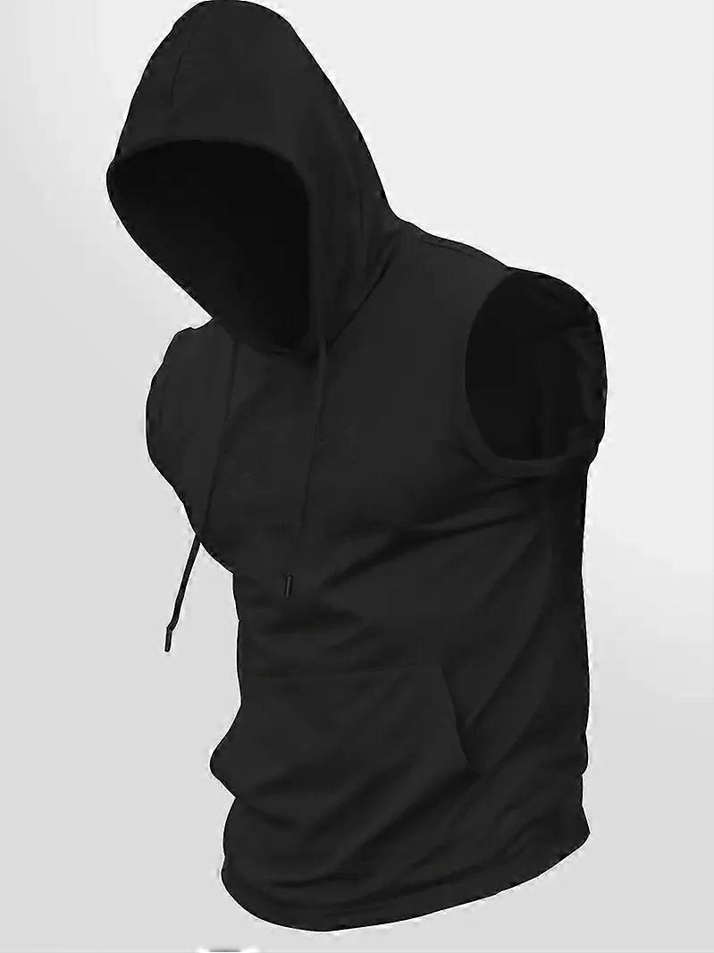Men's Summer Solid - Color Black Hooded Drawstring Vest with a Simple and Casual Style This Vest Is a Perfect Choice for Men in