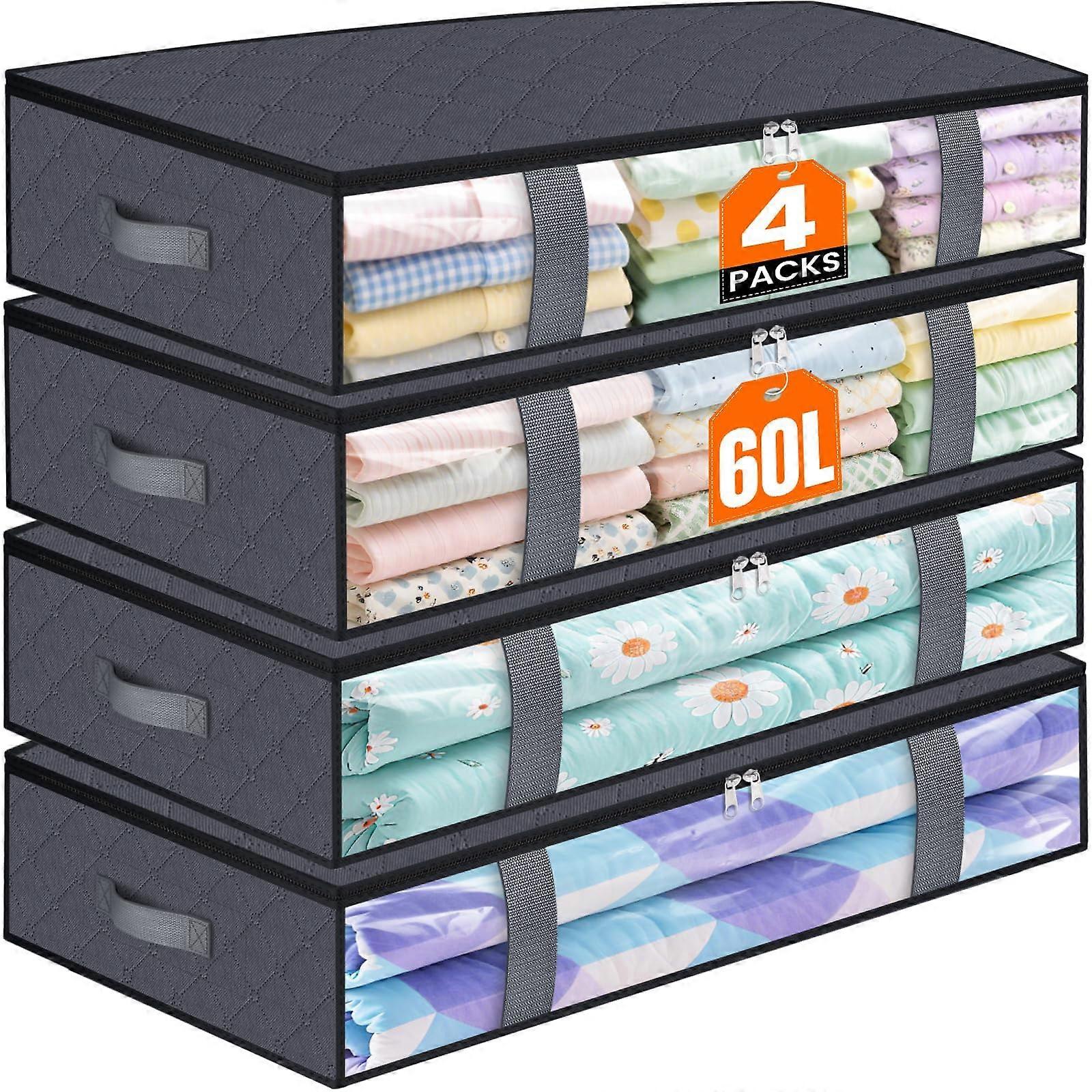 Under Bed Storage Containers 4 Pack 60L Blanket Organizer with Clear Window and Collapsible Design