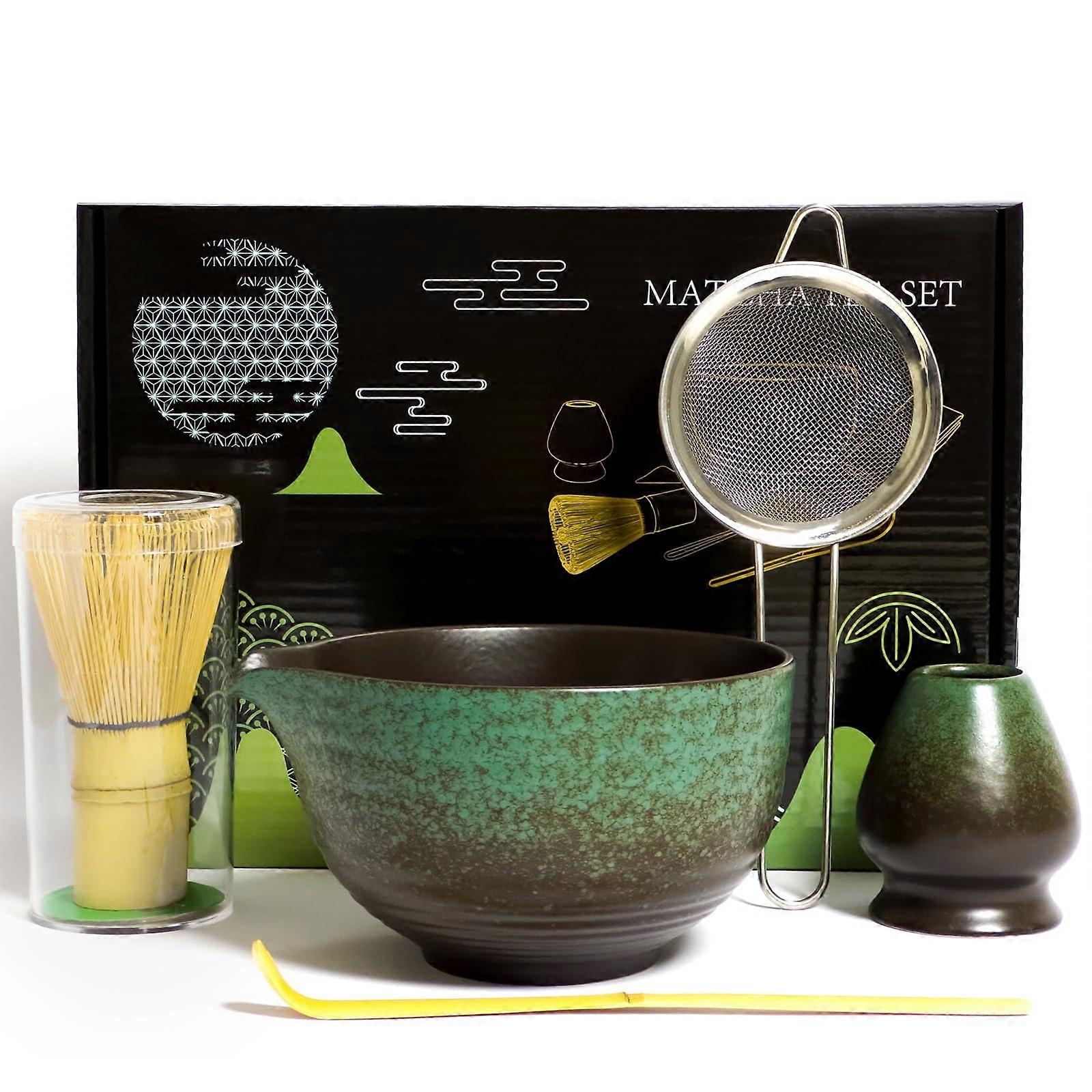 Matcha Tea Set with Gradient Ceramic Bowl, Bamboo Whisk, Scoop, Sifter and Holder, 5Piece Kit