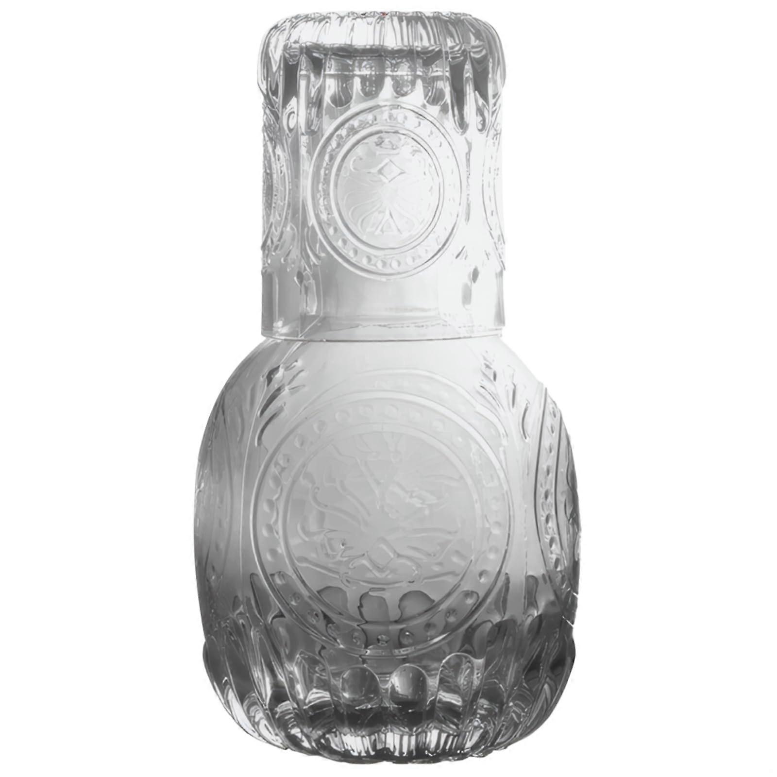 Bedside Carafe Set with Stackable DustProof Glass, Elegant Floral Embossed SodaLime