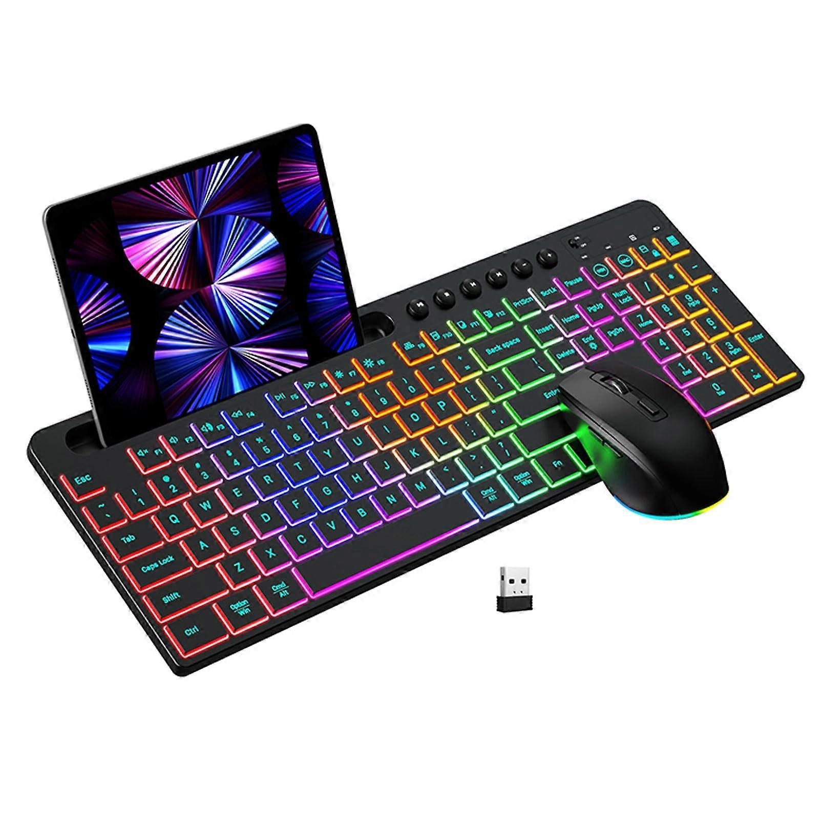 Wireless Keyboard and Mouse Combo with RGB Backlight, Ergonomic FullSize, Rechargeable, Phone Holder